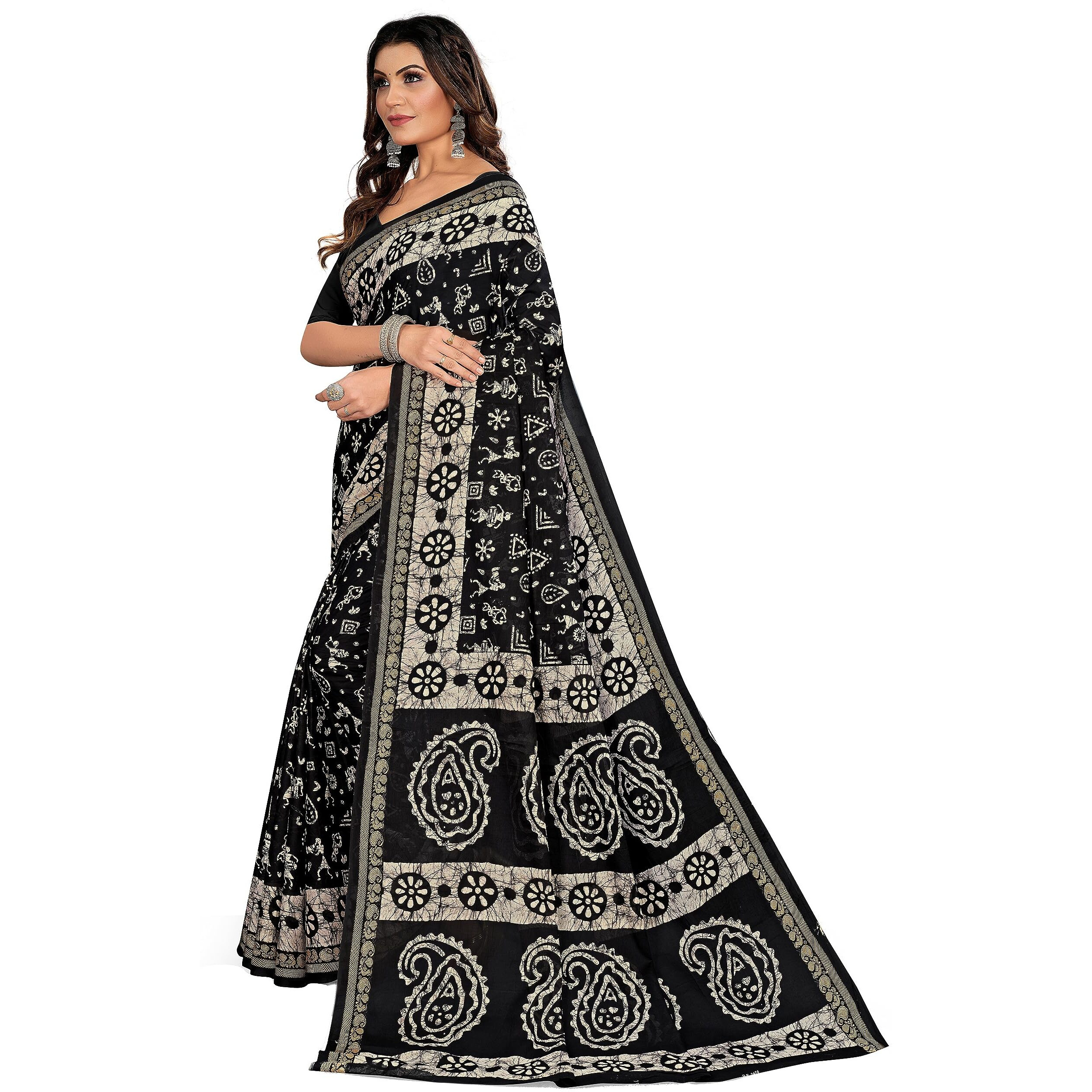 TAMAIRA FASHION Womens Plain Weave Pure Cotton Saree Without Blouse Piece(2476_Black)