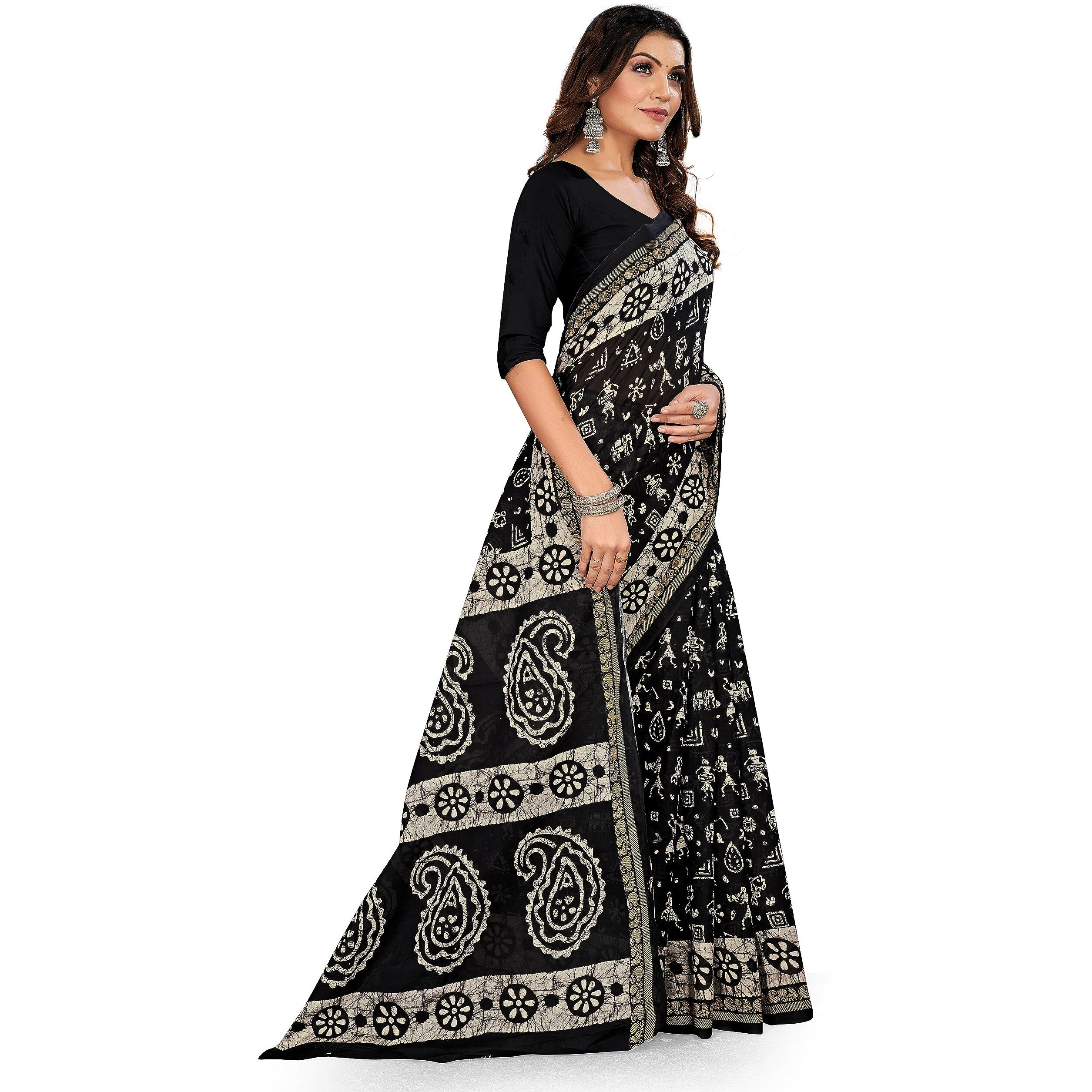TAMAIRA FASHION Womens Plain Weave Pure Cotton Saree Without Blouse Piece(2476_Black)