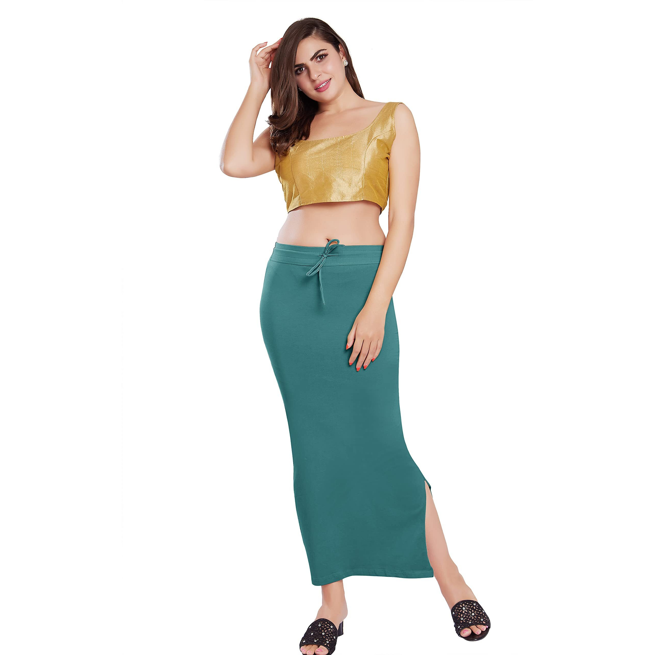 RANI SAAHIBA Womens Stretchy Slim Fishcut Petticoat Cotton Saree Shapewear(SHP53_S/M_Cadet Blue)