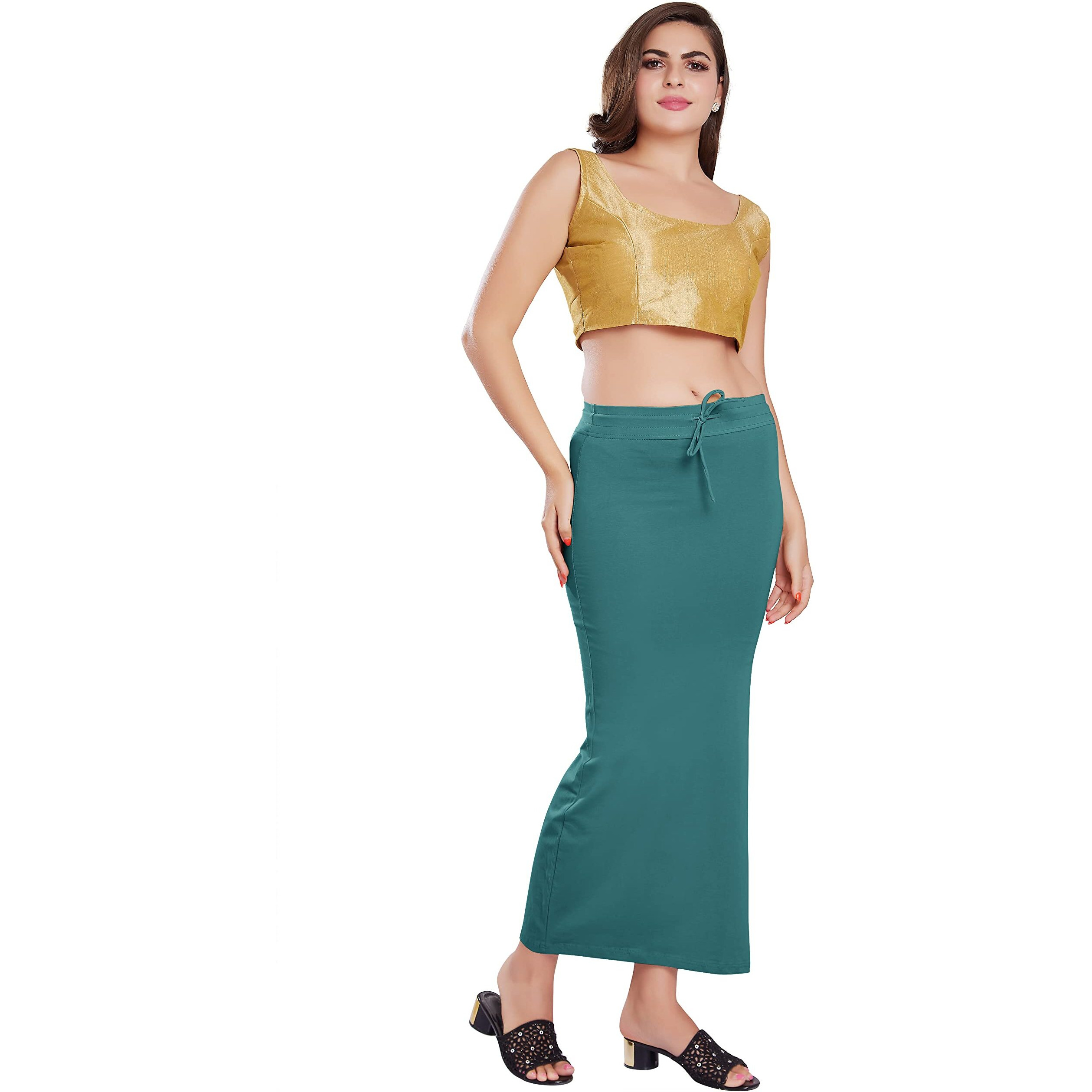 RANI SAAHIBA Womens Stretchy Slim Fishcut Petticoat Cotton Saree Shapewear(SHP53_S/M_Cadet Blue)