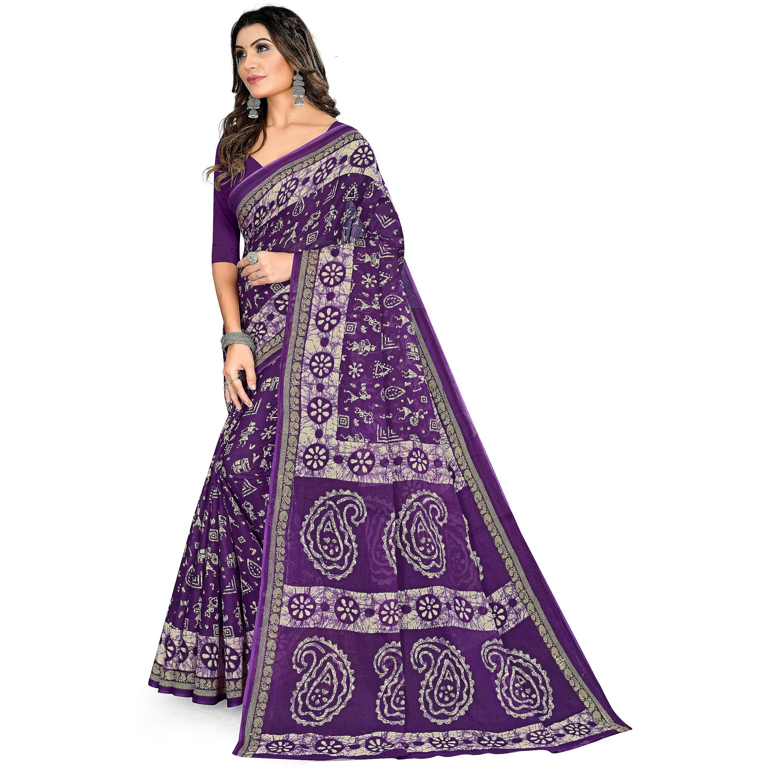 TAMAIRA FASHION Womens Plain Weave Pure Cotton Saree Without Blouse Piece(2476_Purple)