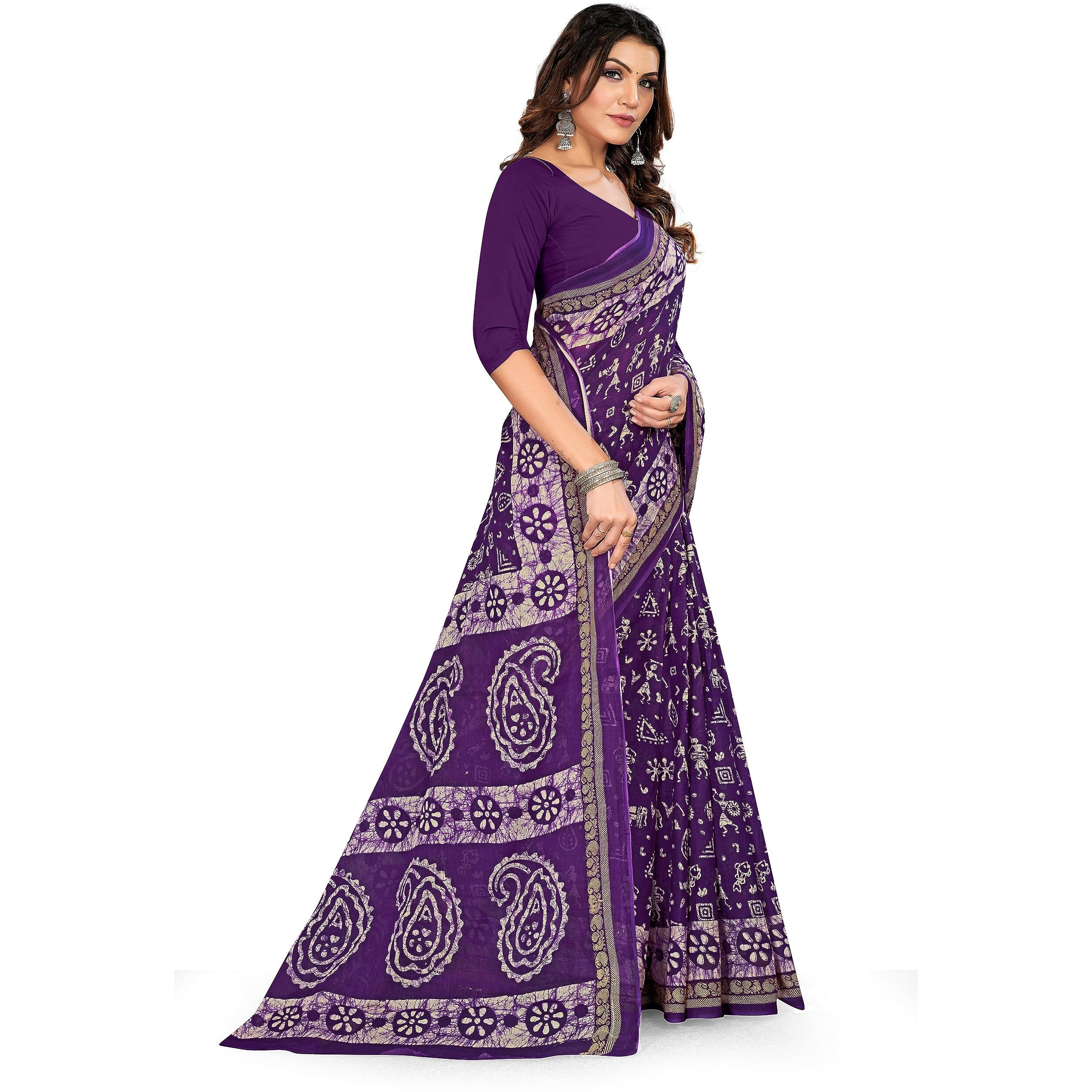 TAMAIRA FASHION Womens Plain Weave Pure Cotton Saree Without Blouse Piece(2476_Purple)