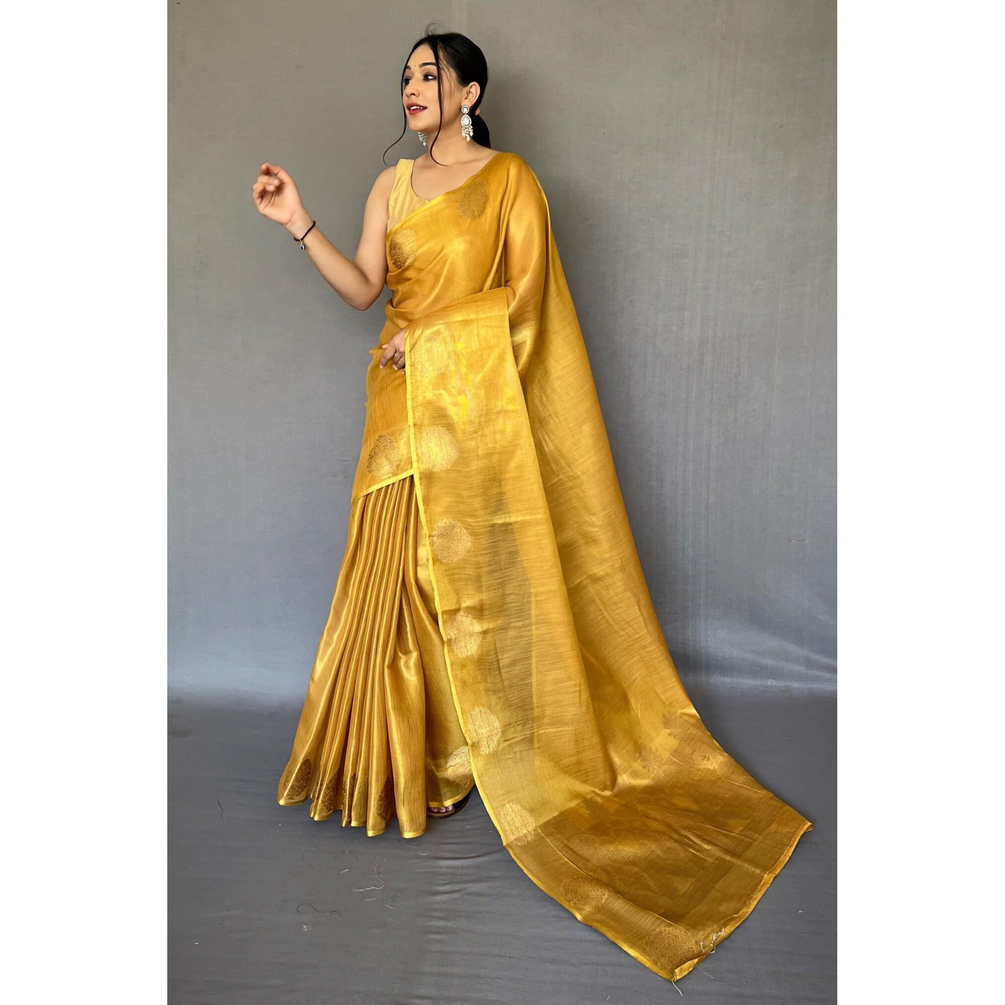 SGF11- Womens Kanjivaram Pure Tissue Silk Saree Golden Zari With Blouse Piece(Yellow)