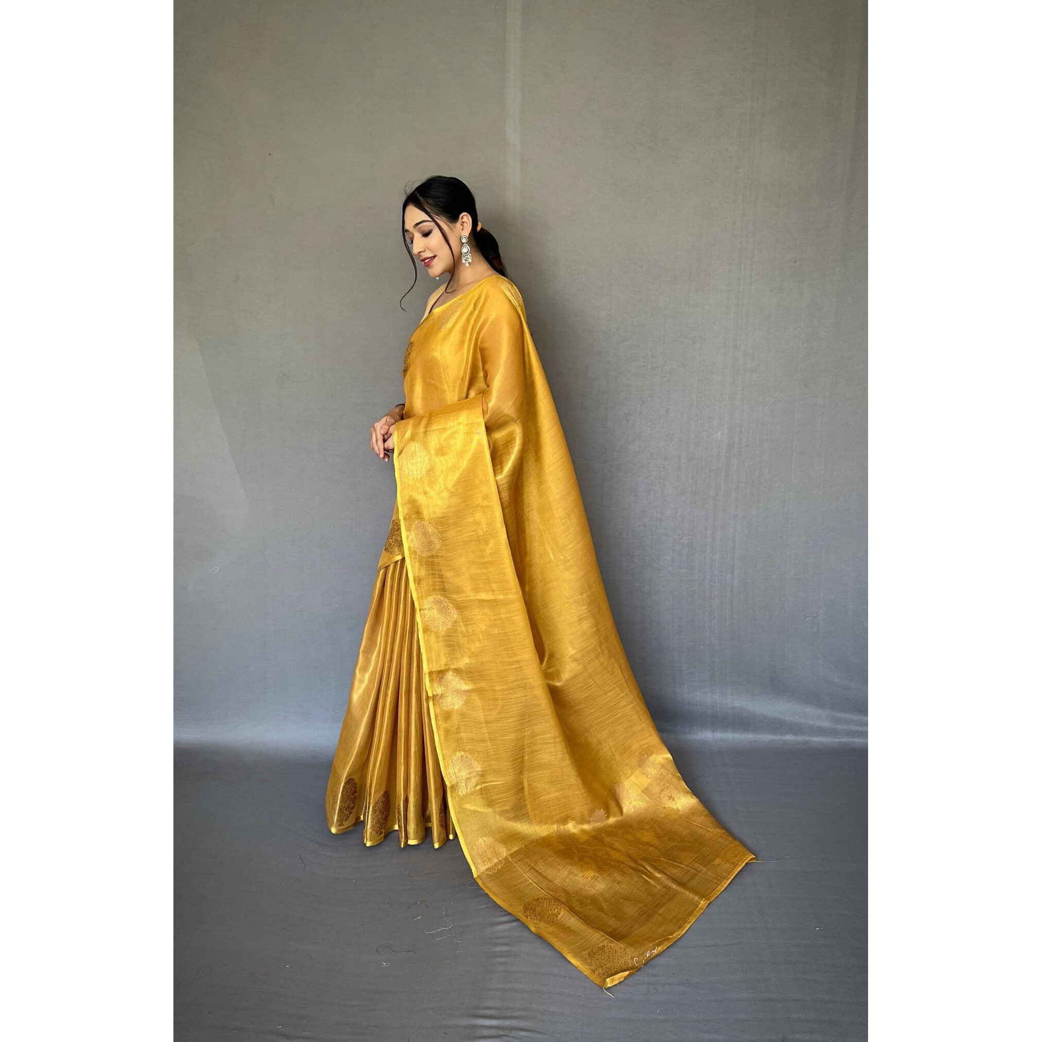 SGF11- Womens Kanjivaram Pure Tissue Silk Saree Golden Zari With Blouse Piece(Yellow)