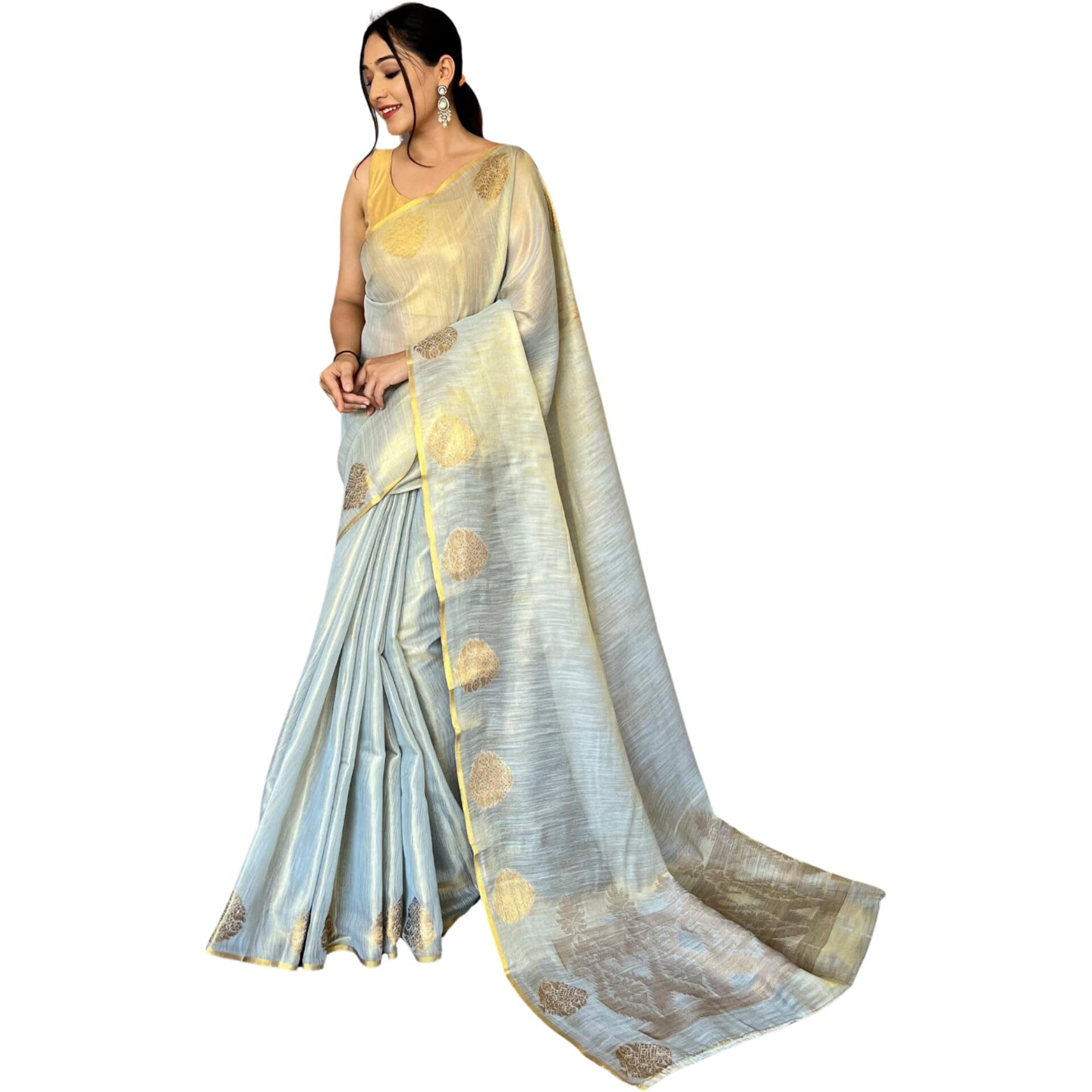 SGF11- Womens Kanjivaram Pure Tissue Silk Saree Golden Zari With Blouse Piece (Silver)