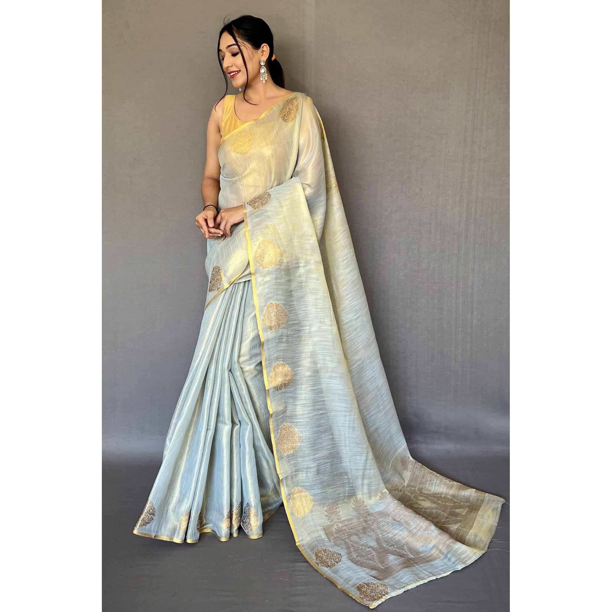 SGF11- Womens Kanjivaram Pure Tissue Silk Saree Golden Zari With Blouse Piece (Silver)