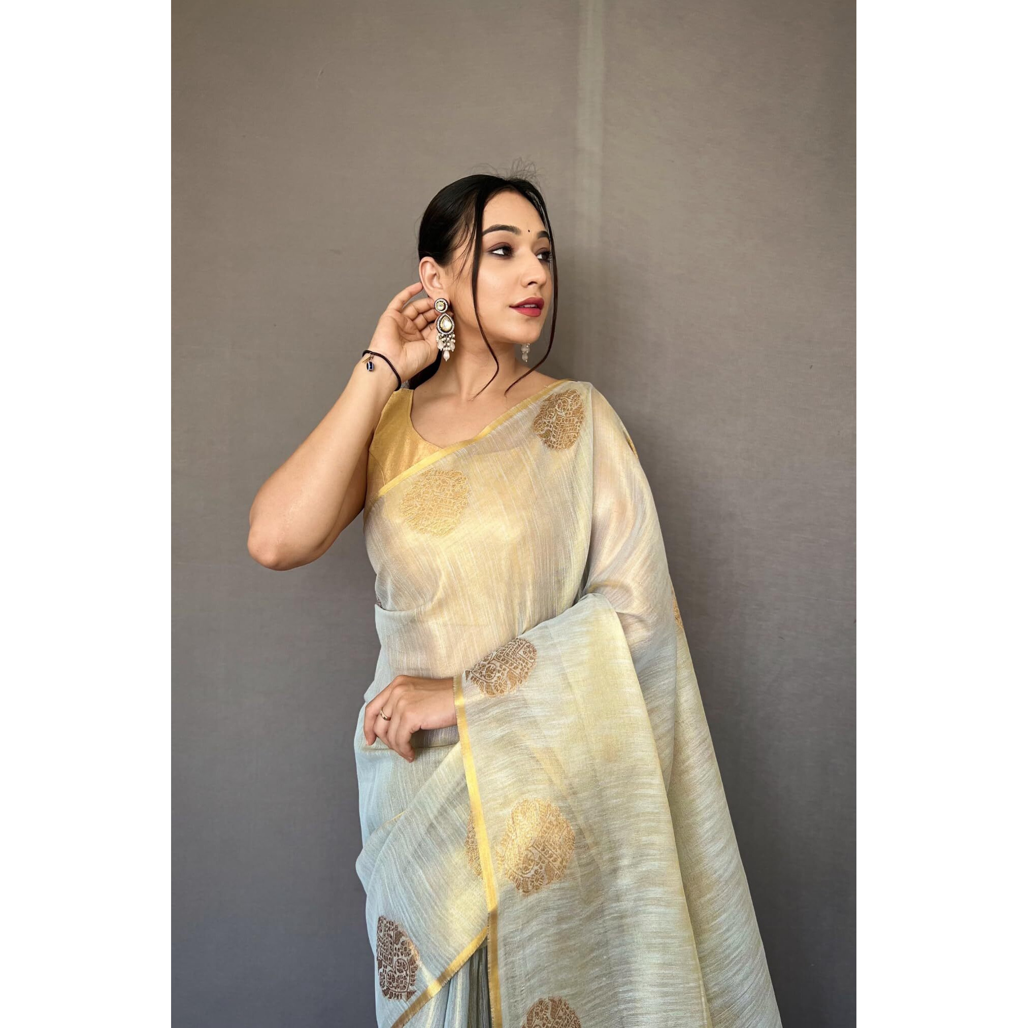 SGF11- Womens Kanjivaram Pure Tissue Silk Saree Golden Zari With Blouse Piece (Silver)