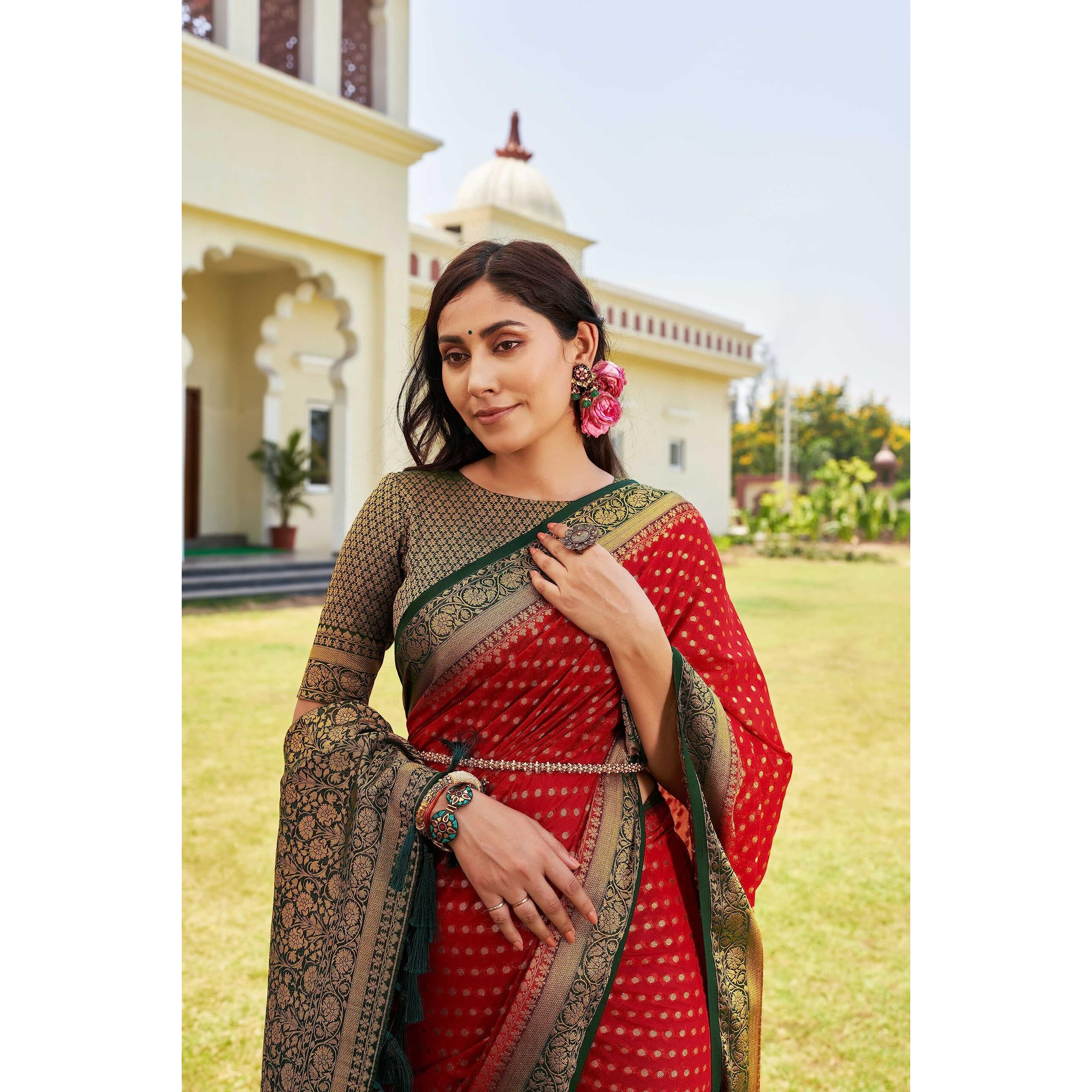 Vardha Womens Banarasi Georgette Saree with Unstitched Blouse Piece - Gold Zari Woven Work Sarees for Wedding (Mohini_666)