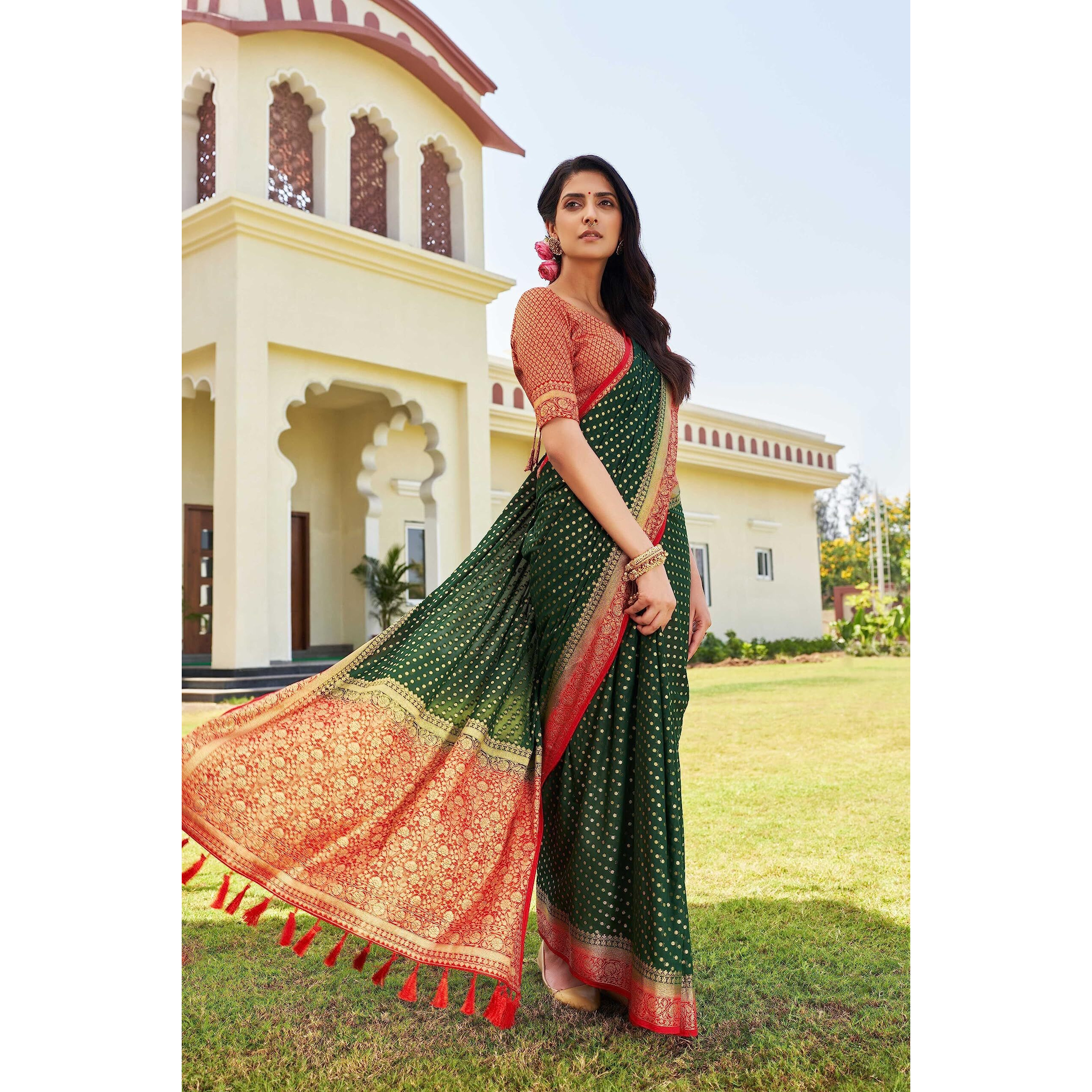 Vardha Womens Banarasi Georgette Saree with Unstitched Blouse Piece - Gold Zari Woven Work Sarees for Wedding (Mohini_664)