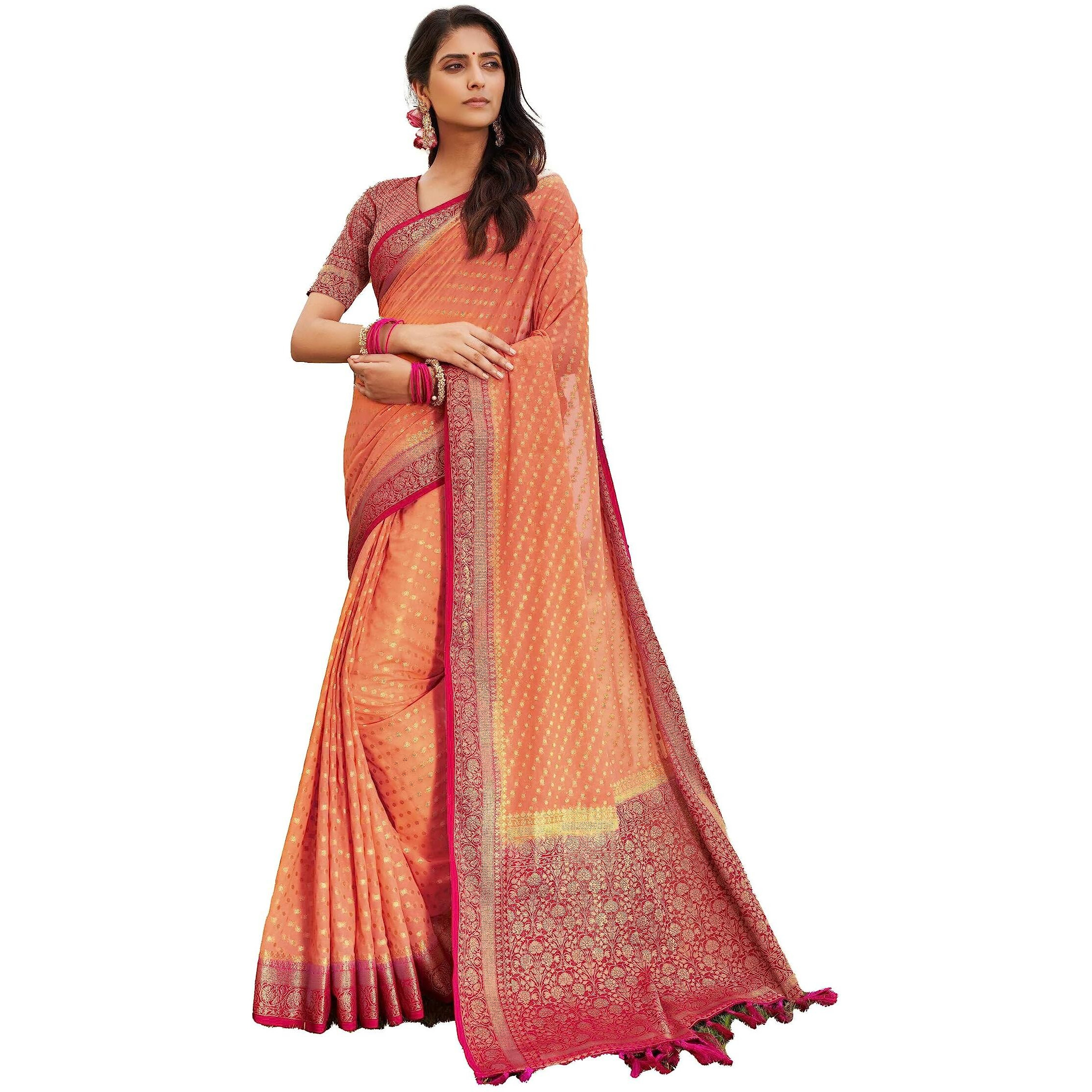 Vardha Womens Banarasi Georgette Saree with Unstitched Blouse Piece - Gold Zari Woven Work Sarees for Wedding (Mohini_667)