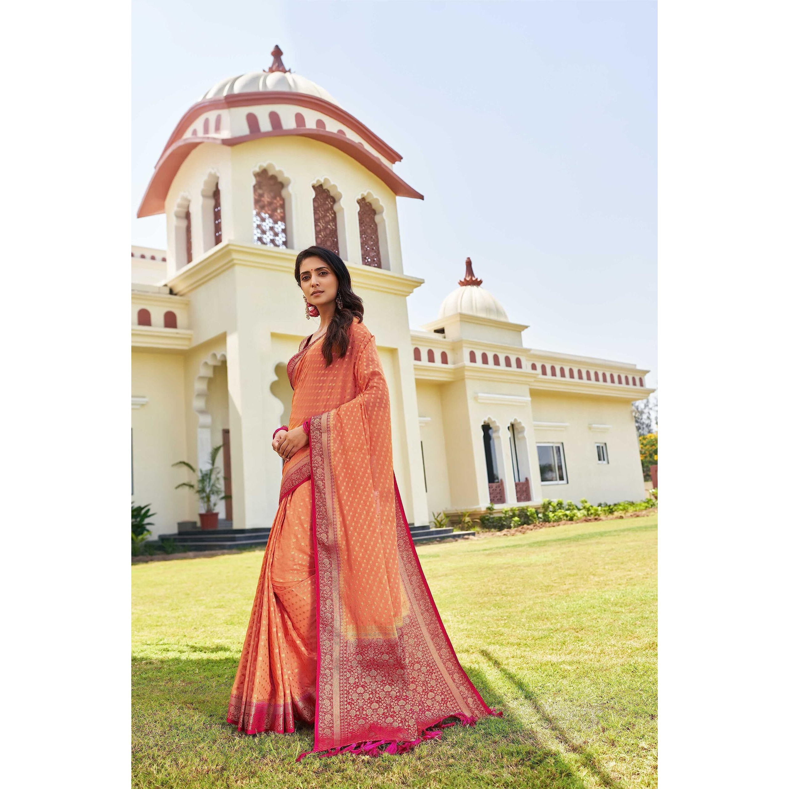 Vardha Womens Banarasi Georgette Saree with Unstitched Blouse Piece - Gold Zari Woven Work Sarees for Wedding (Mohini_667)