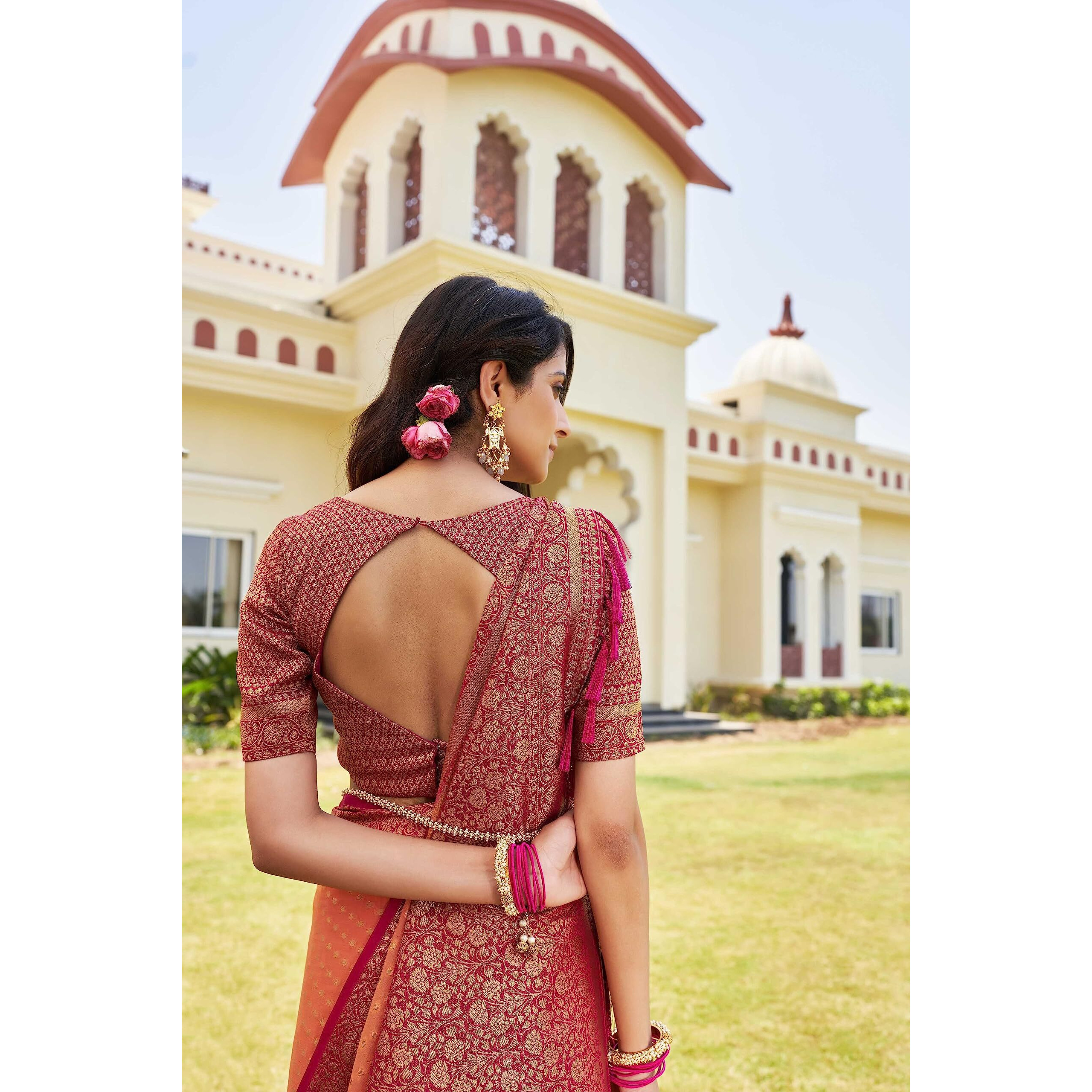 Vardha Womens Banarasi Georgette Saree with Unstitched Blouse Piece - Gold Zari Woven Work Sarees for Wedding (Mohini_667)