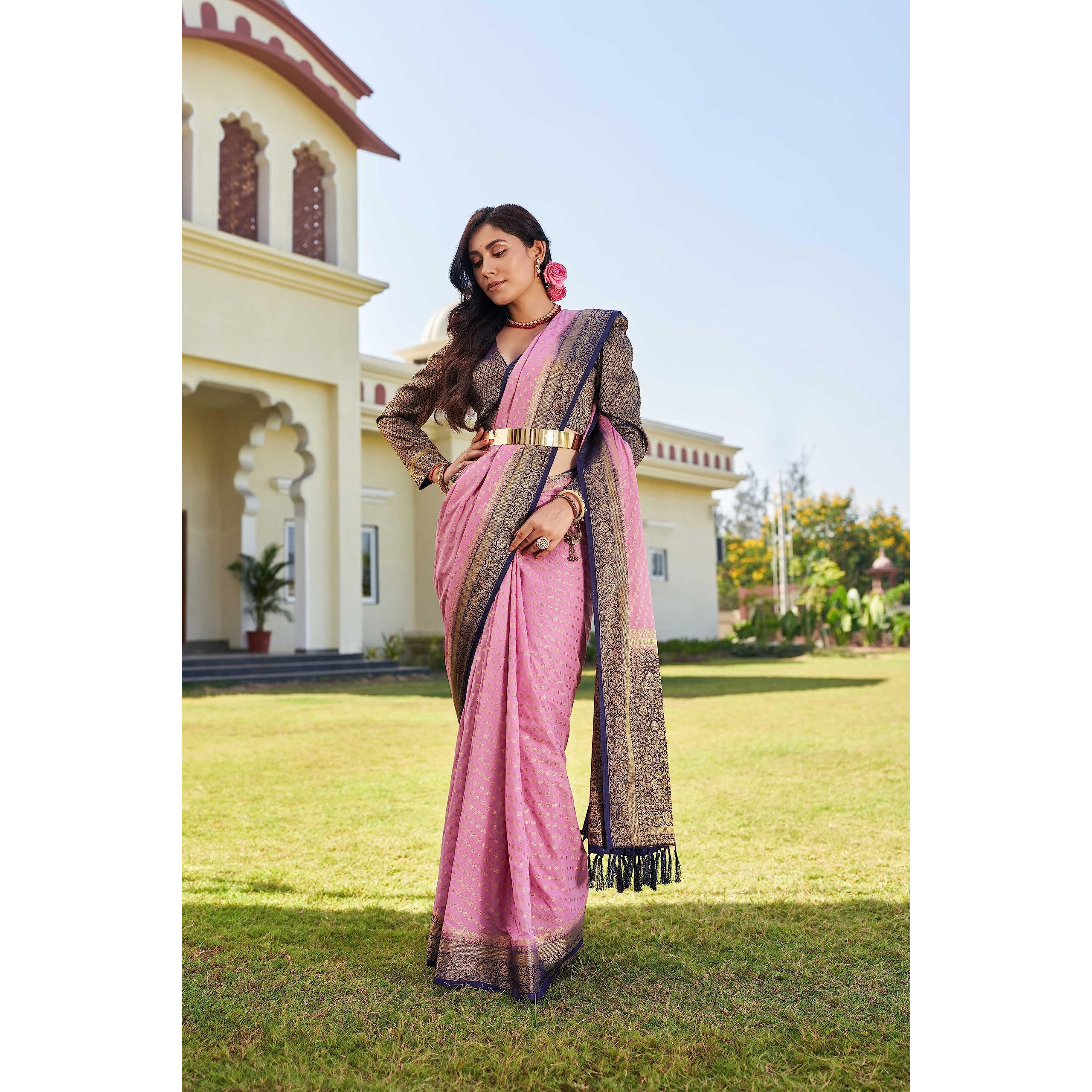 Vardha Womens Banarasi Georgette Saree with Unstitched Blouse Piece - Gold Zari Woven Work Sarees for Wedding (Mohini_658)