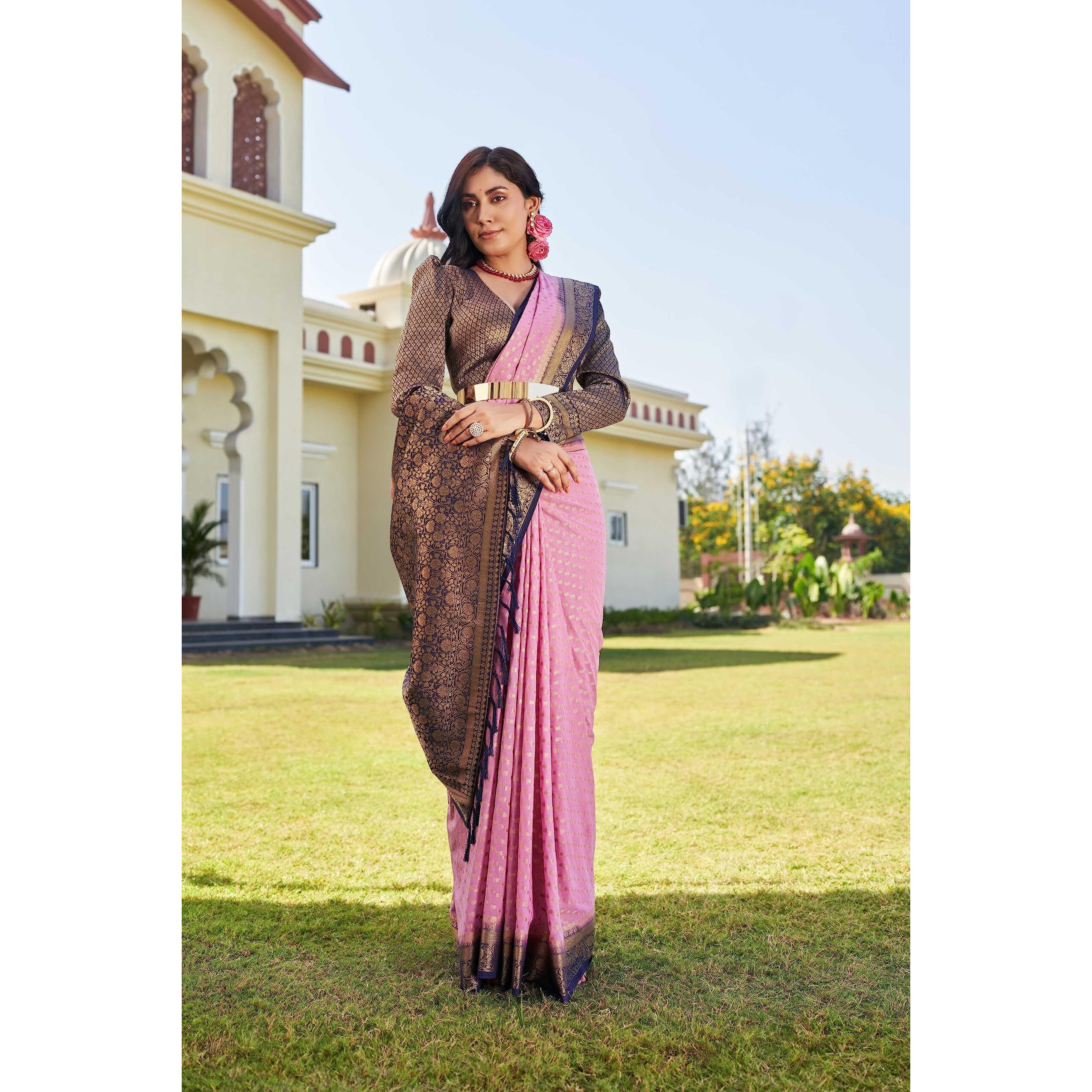 Vardha Womens Banarasi Georgette Saree with Unstitched Blouse Piece - Gold Zari Woven Work Sarees for Wedding (Mohini_658)