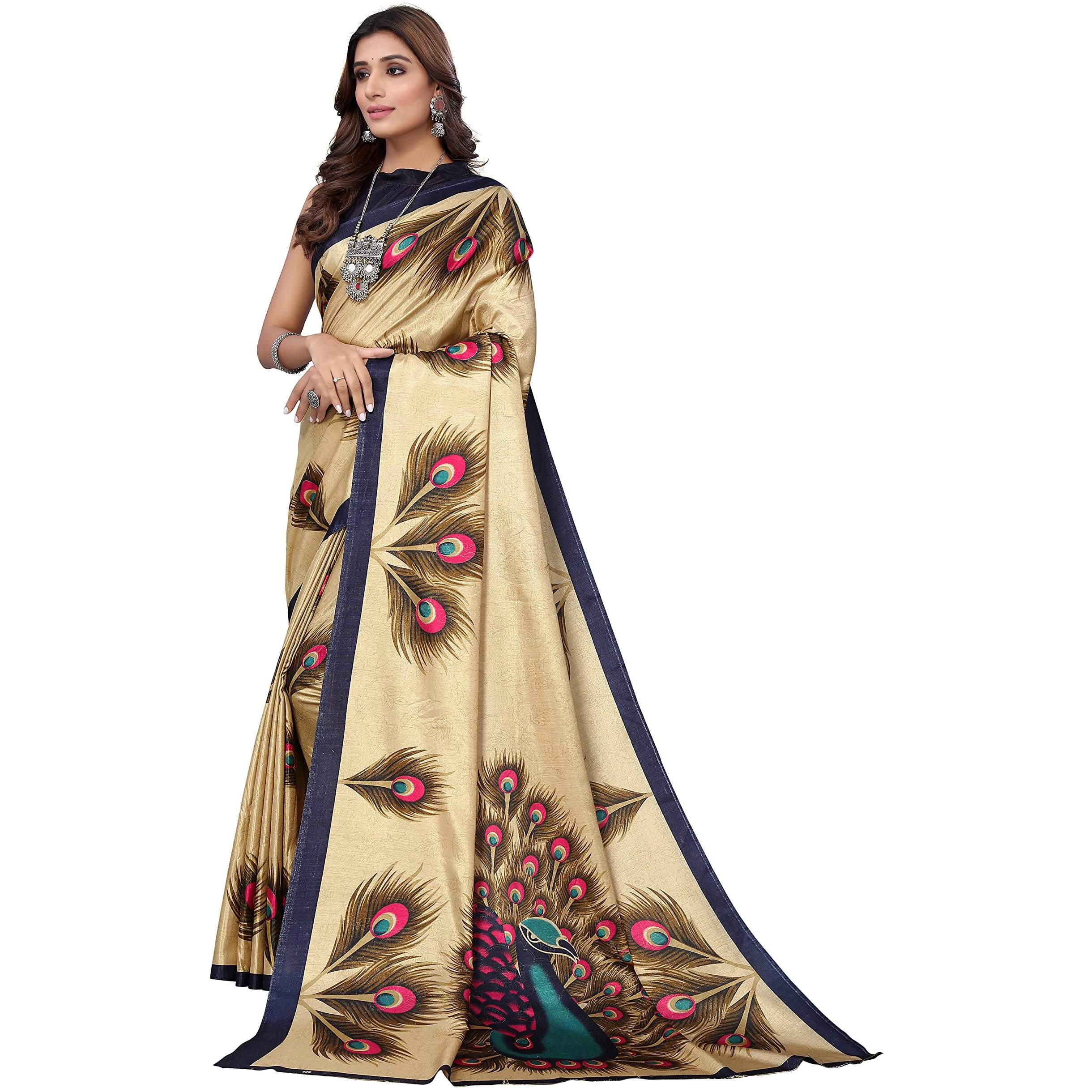 Yashika womens art silk kalamkari bhagalpuri and kashmiri style soft saree with blouse piece (GOLDEN PEACOCK_Y)