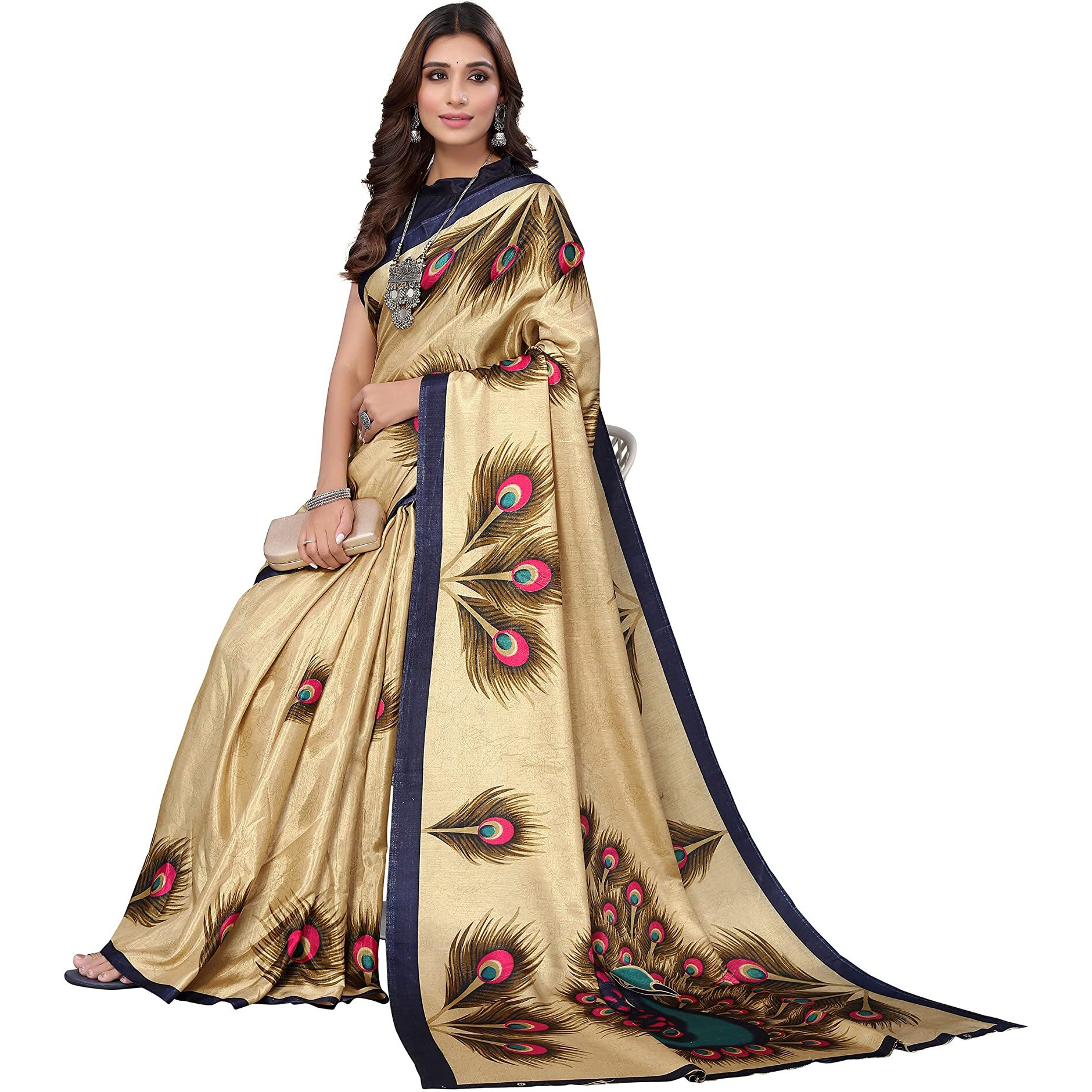 Yashika womens art silk kalamkari bhagalpuri and kashmiri style soft saree with blouse piece (GOLDEN PEACOCK_Y)