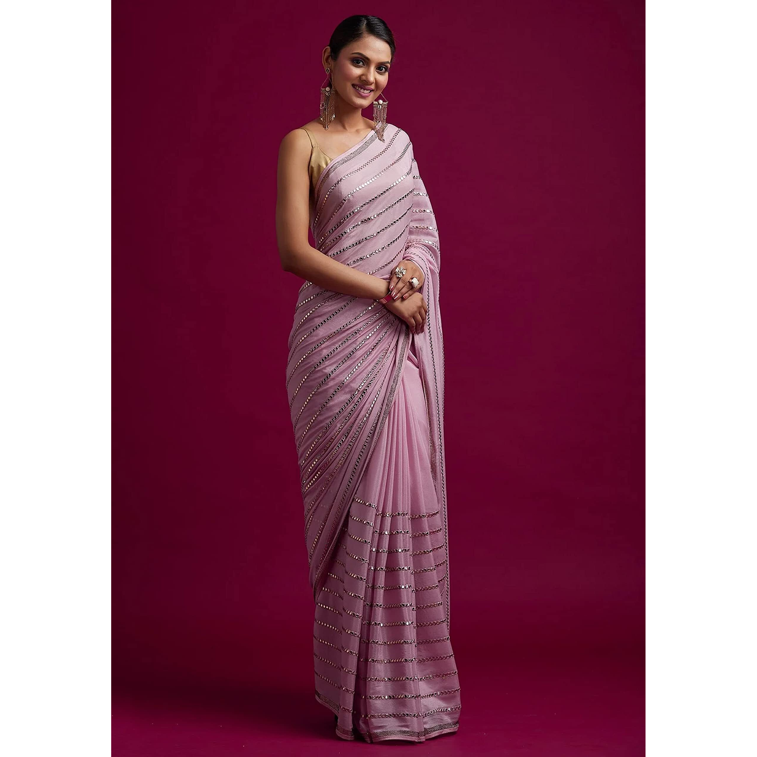TRENDMALLS Womens Chocolate Silk Real Mirror Work Embroidery Saree