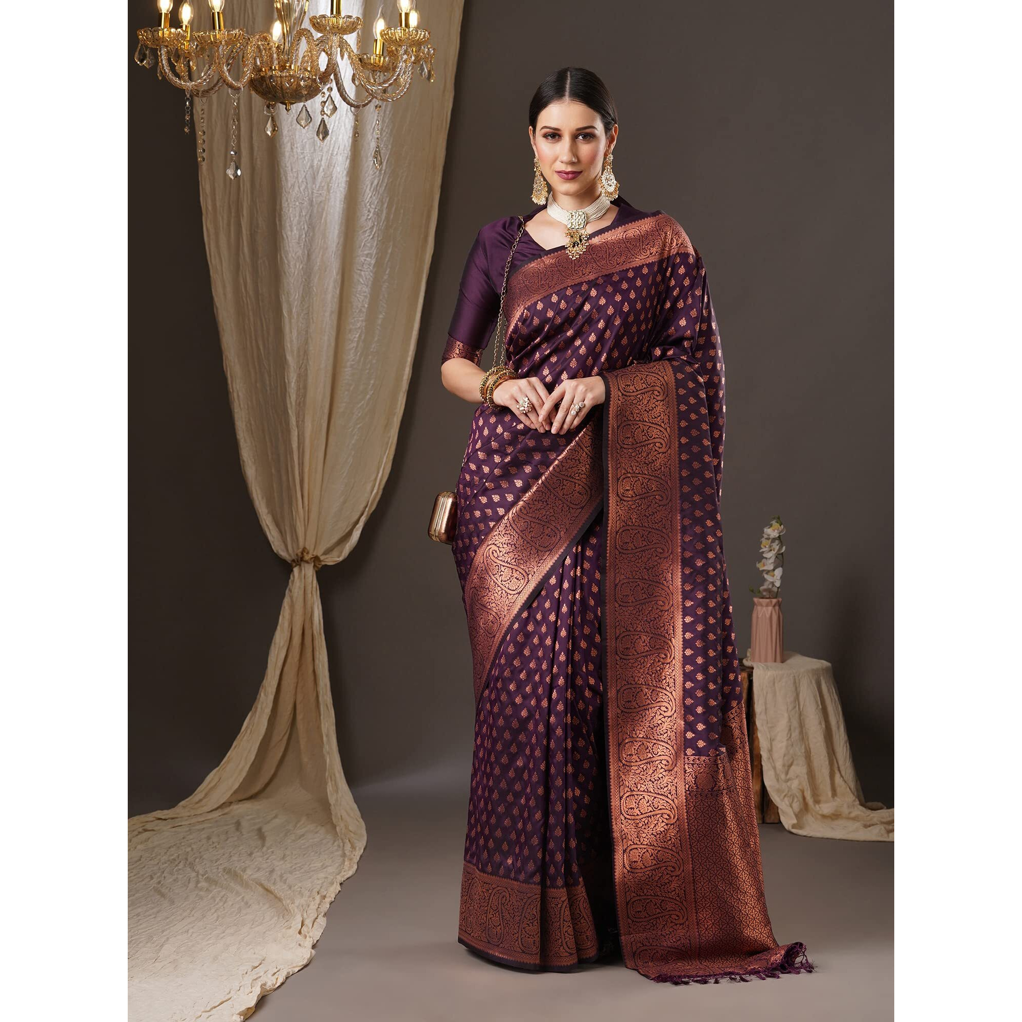 AKHILAM Womens Paisley Silk Blend Woven Design Saree With Unstitched Blouse Piece (Purple_14PAKHI1506)