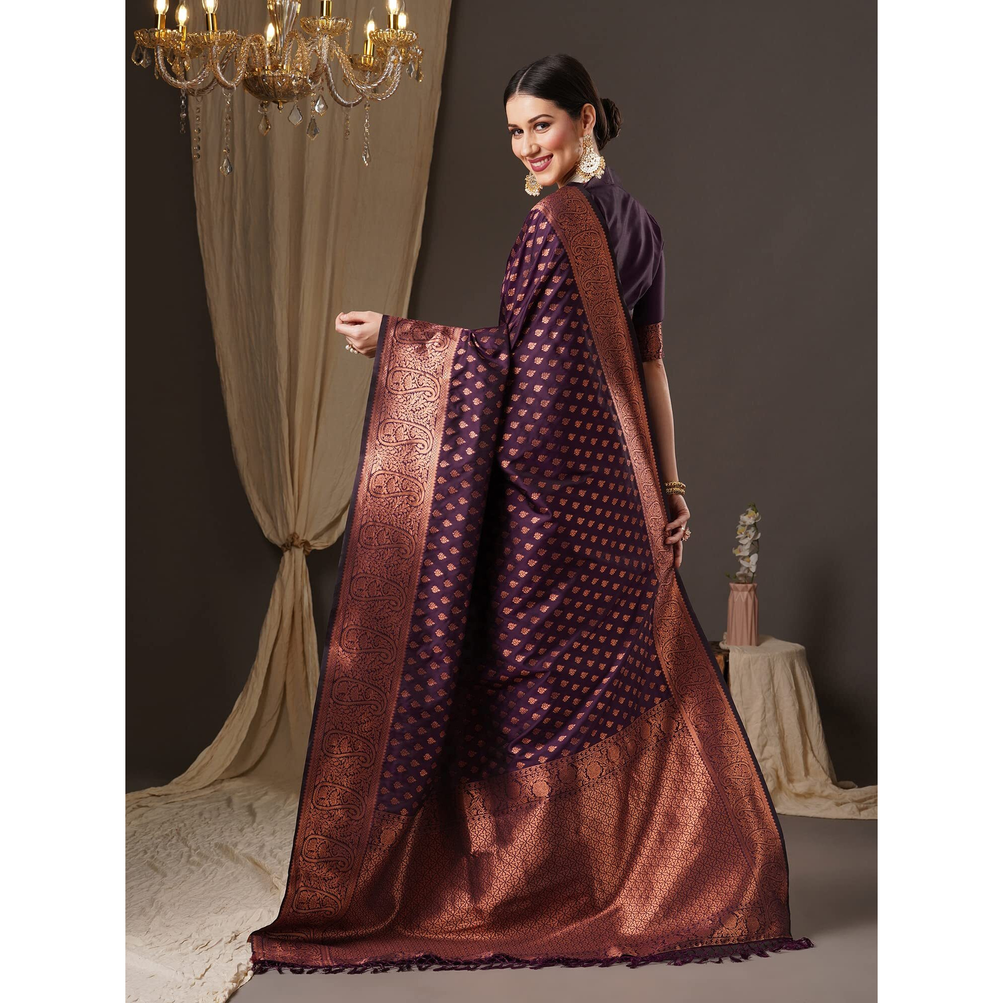 AKHILAM Womens Paisley Silk Blend Woven Design Saree With Unstitched Blouse Piece (Purple_14PAKHI1506)