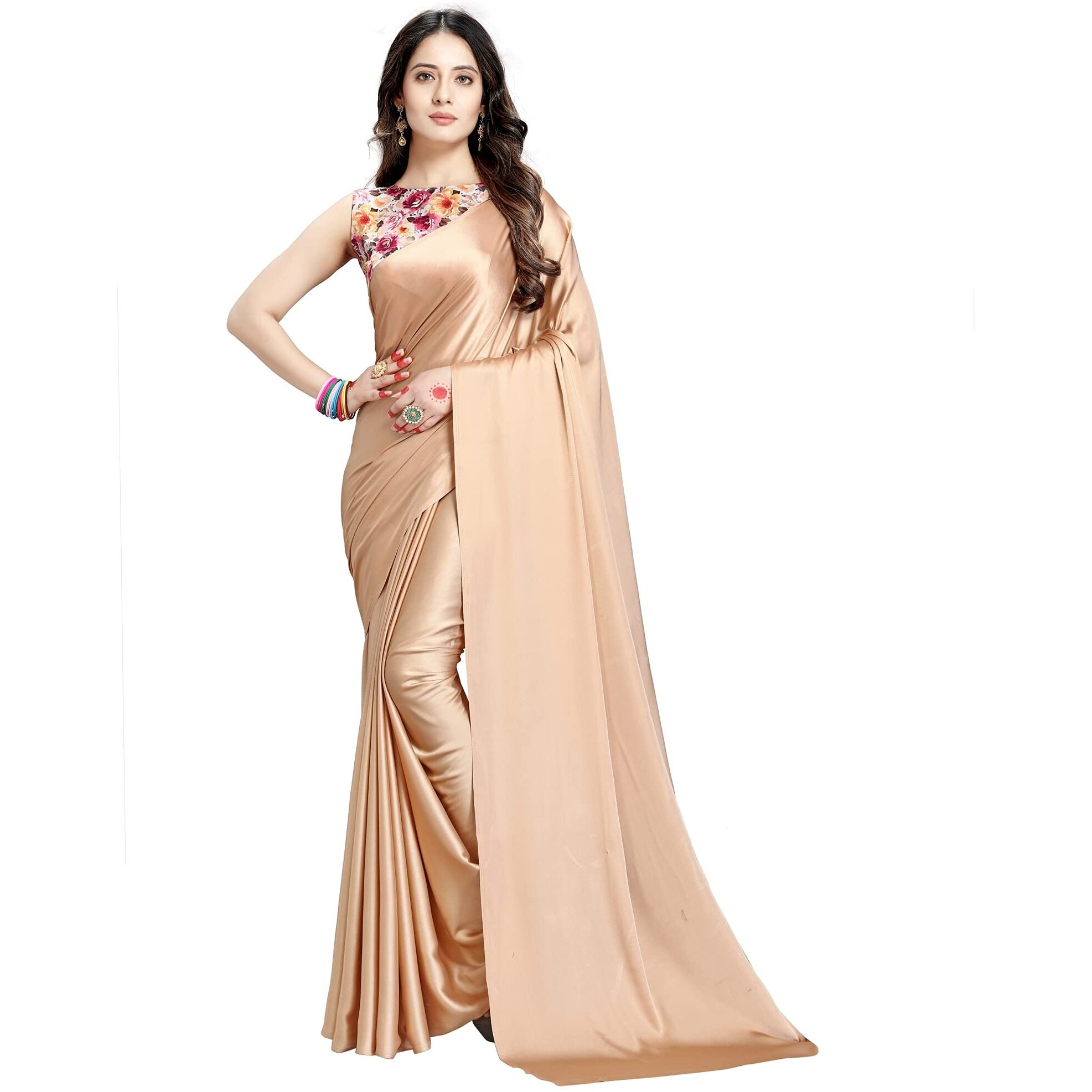 DHYANOM womens Soft Beige Satin Silk Plain Saree with Art Silk Digital Printed Unstiched Designer Blouse