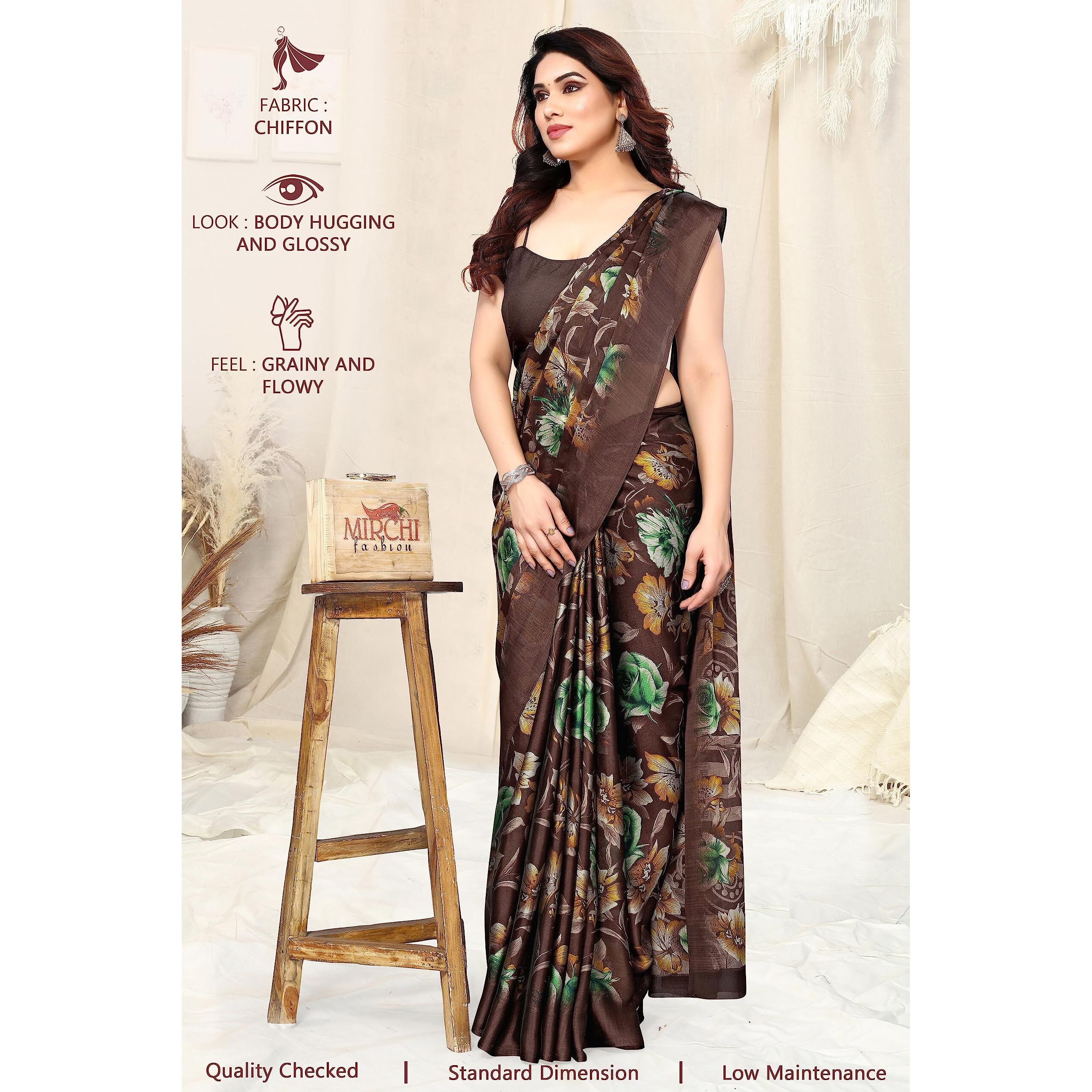 MIRCHI FASHION Womens Plain Weave Chiffon Floral Printed Saree with Blouse Piece (38693-Brown, Mustard)