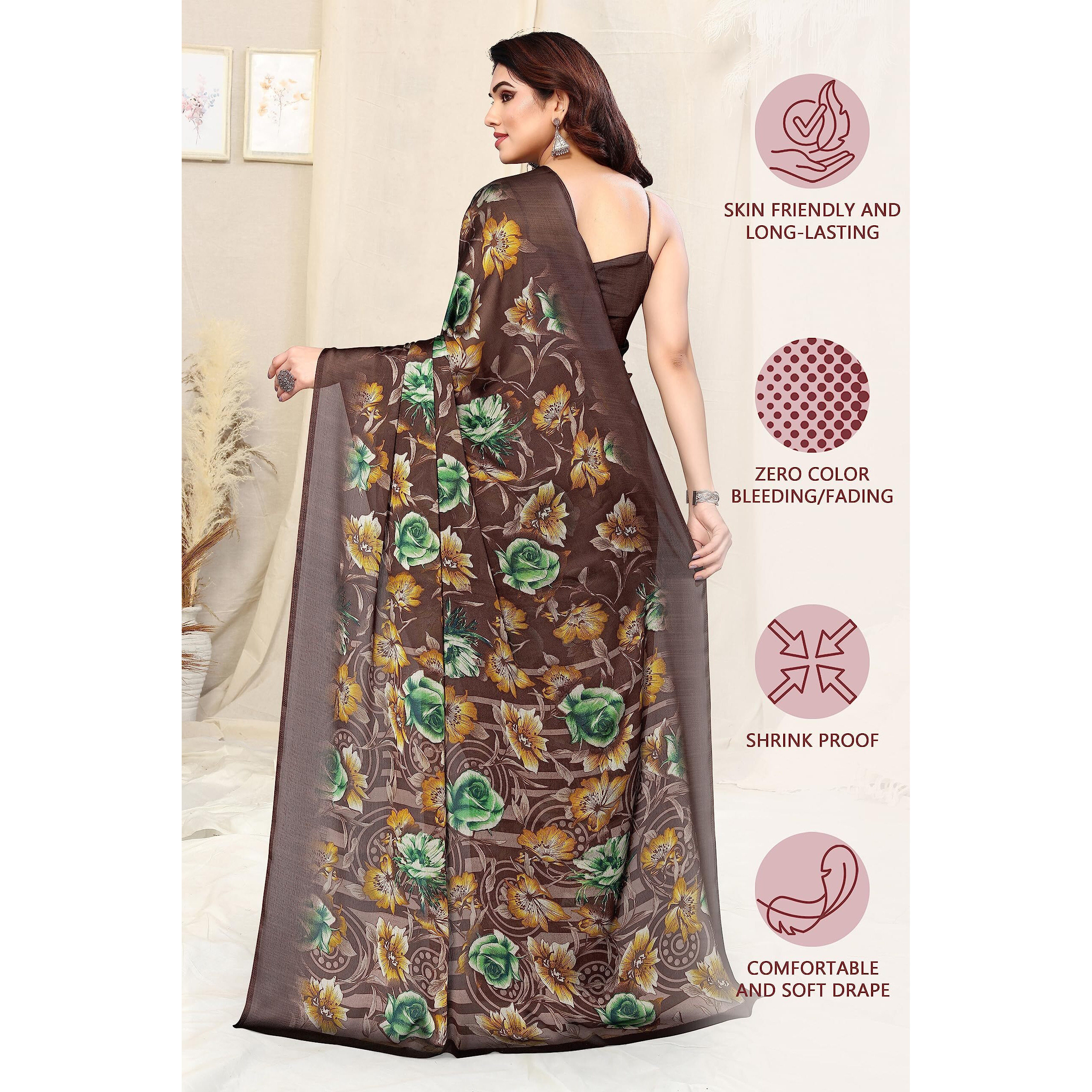 MIRCHI FASHION Womens Plain Weave Chiffon Floral Printed Saree with Blouse Piece (38693-Brown, Mustard)