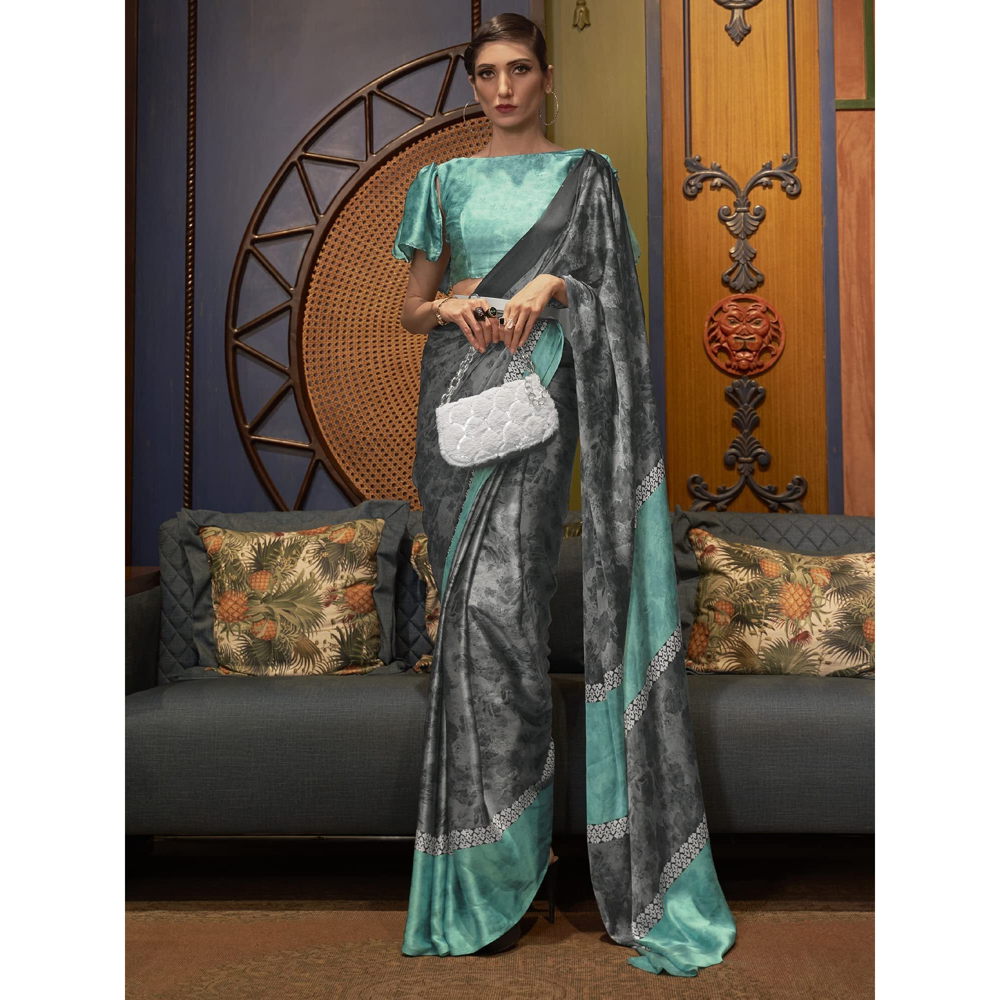 AKHILAM Womens Abstract Crepe Printed Saree With Unstitched Blouse Piece (Grey_KLZE246004_RJ)