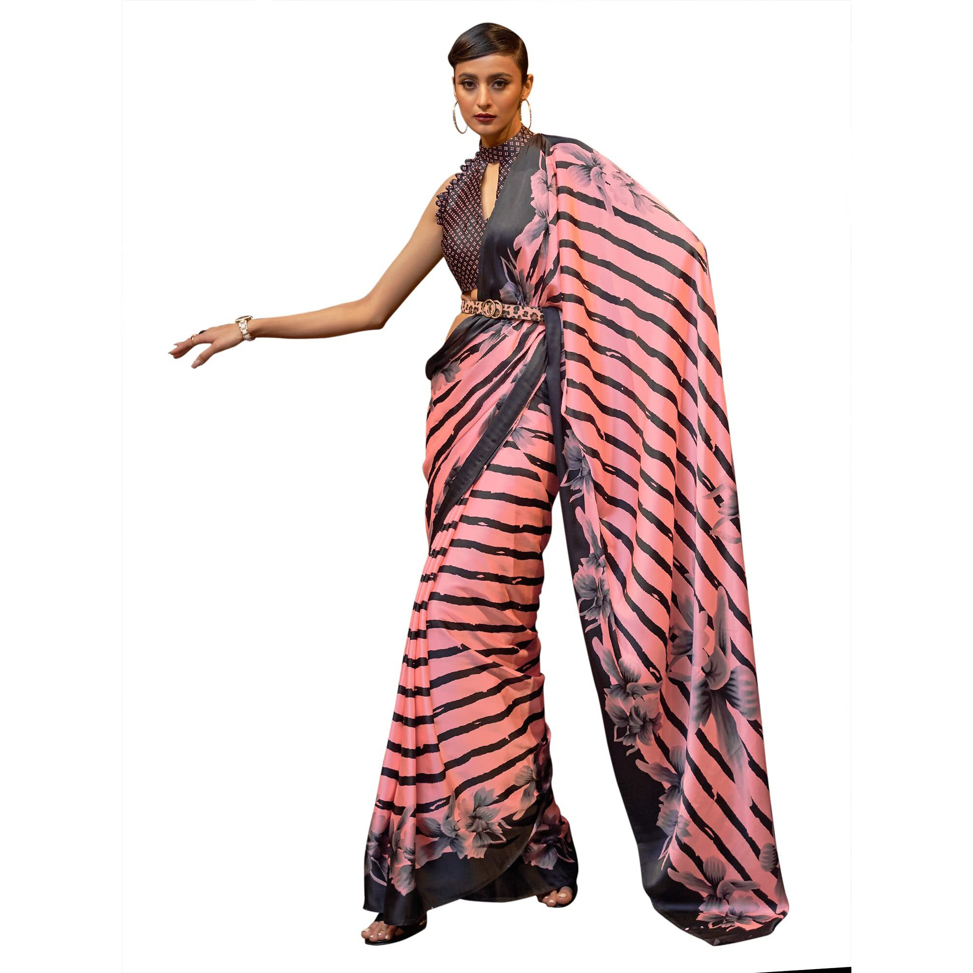 AKHILAM Womens Striped Crepe Printed Saree With Unstitched Blouse Piece (Pink_KLZE246001_RJ)
