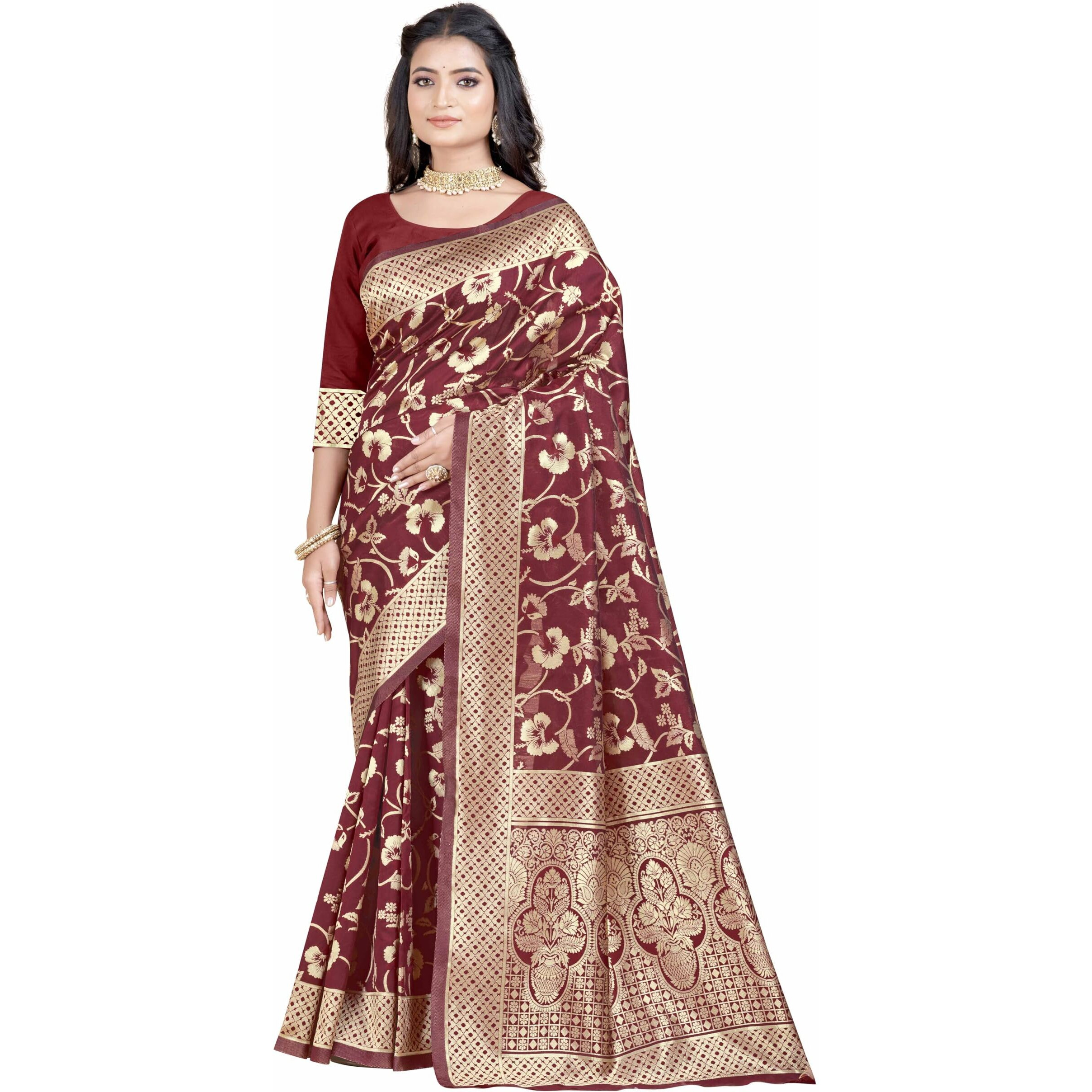 Sugathari Womens Banarasi Saree Pure Kanjivaram Silk Saree Soft new ladies 2023 Design Wear Pattu Sarees Latest Party Sari collections With Blouse Piece for Wedding sadi (SAN PARI-187 MAROON)