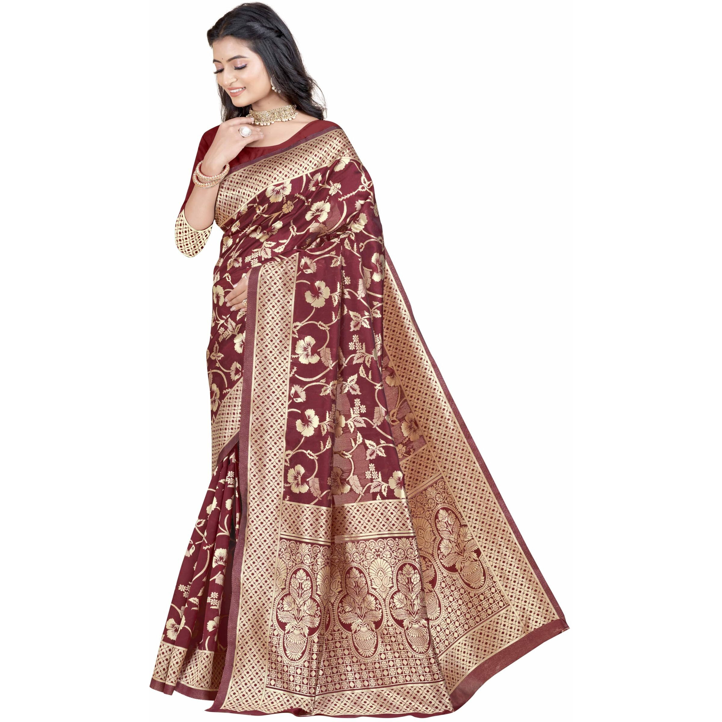 Sugathari Womens Banarasi Saree Pure Kanjivaram Silk Saree Soft new ladies 2023 Design Wear Pattu Sarees Latest Party Sari collections With Blouse Piece for Wedding sadi (SAN PARI-187 MAROON)