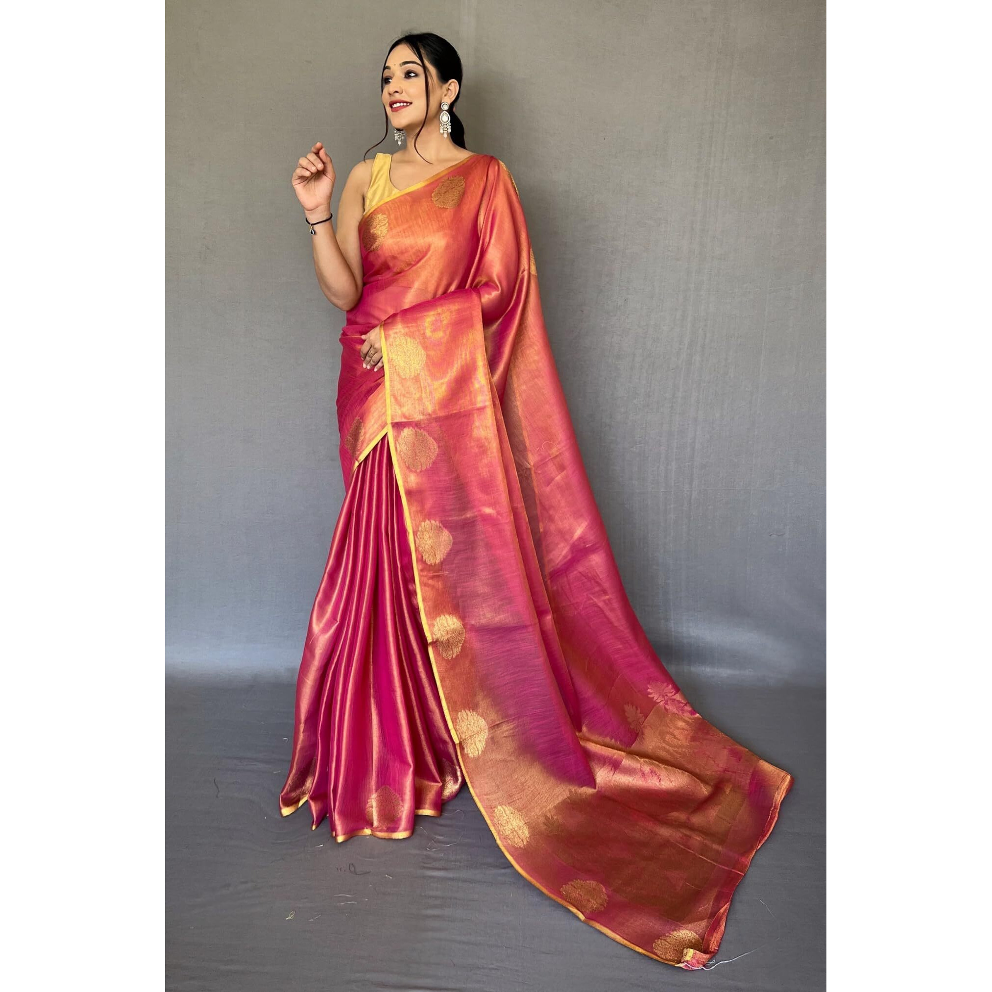 SGF11- Womens Kanjivaram Pure Tissue Silk Saree Golden Zari With Blouse Piece (Pink)
