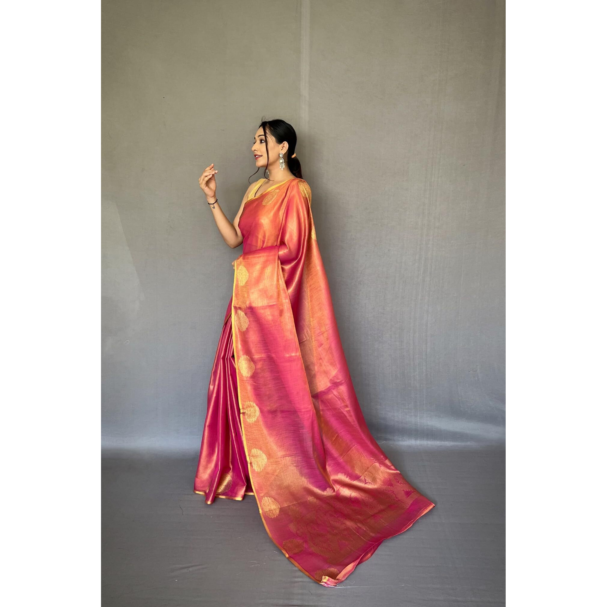 SGF11- Womens Kanjivaram Pure Tissue Silk Saree Golden Zari With Blouse Piece (Pink)