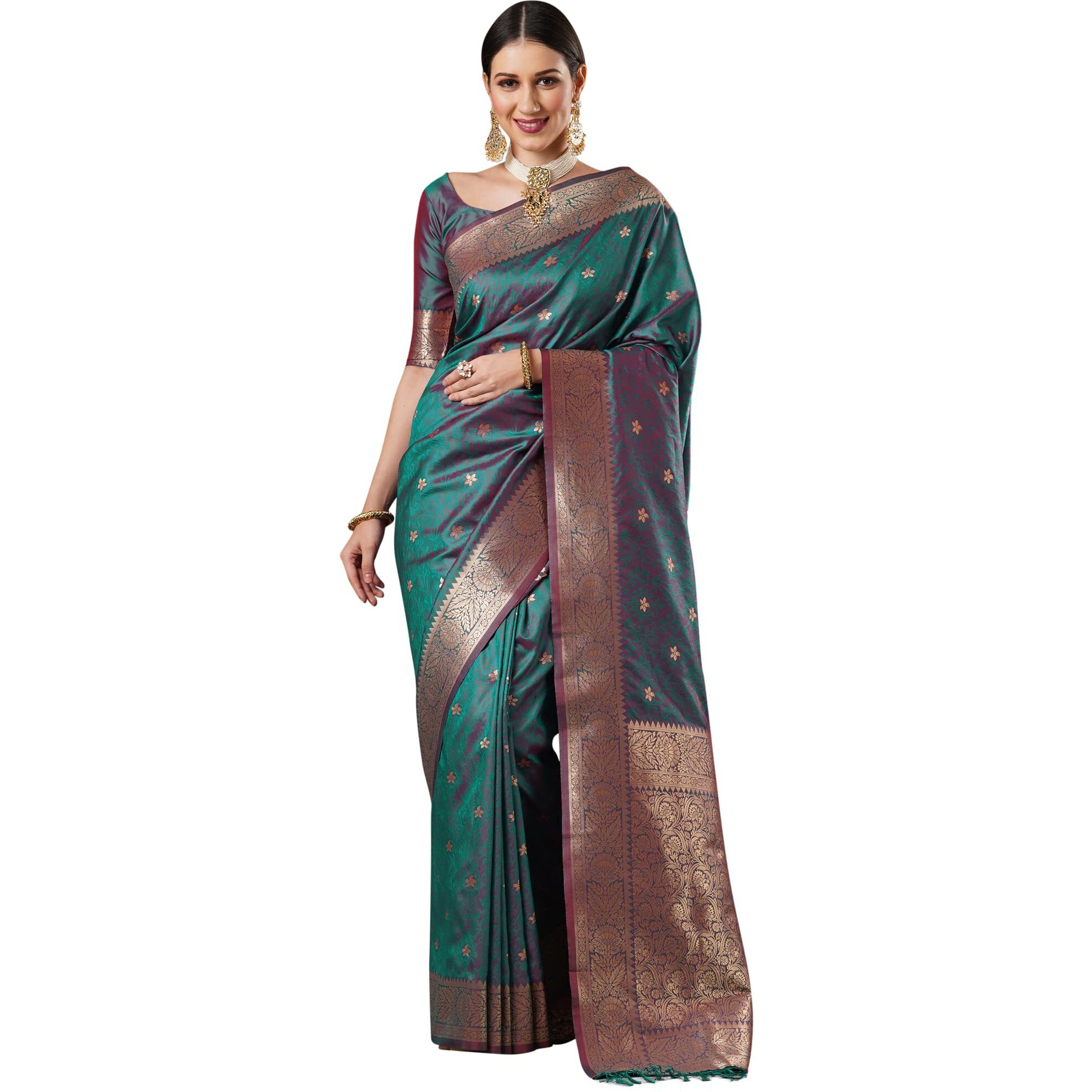 AKHILAM Womens Ethnic Motif Silk Blend Woven Design Saree With Unstitched Blouse Piece (Teal blue_13PAKHI1405)