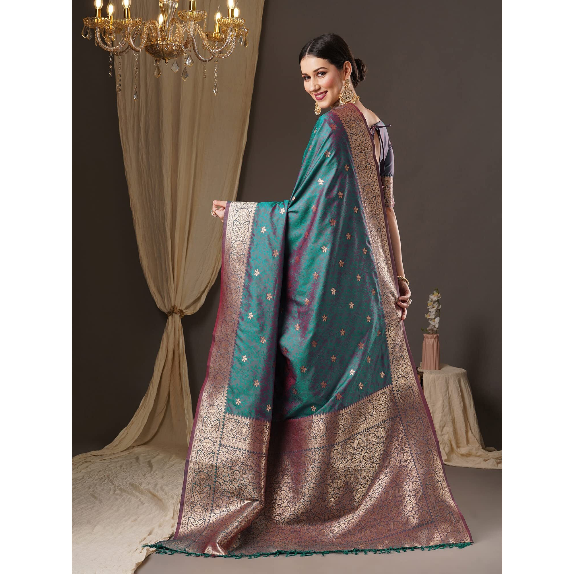 AKHILAM Womens Ethnic Motif Silk Blend Woven Design Saree With Unstitched Blouse Piece (Teal blue_13PAKHI1405)