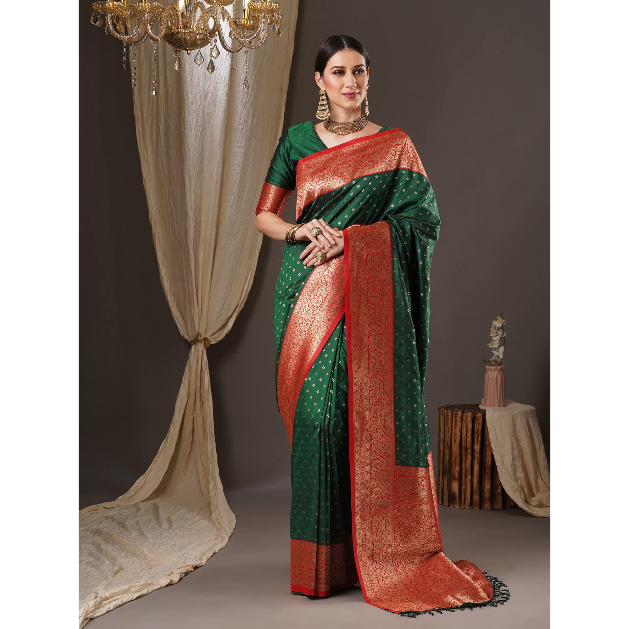 AKHILAM Womens Ethnic Motif Silk Blend Woven Design Saree With Unstitched Blouse Piece (Green_13PAKHI1401)