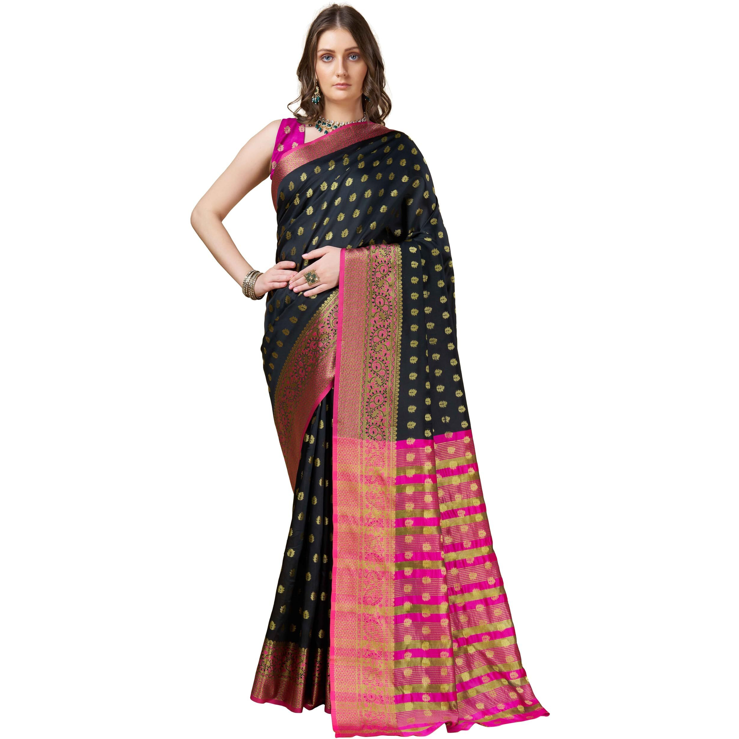 Sugathari Womens Banarasi Saree Pure Kanjivaram Silk Saree Soft new ladies 2023 Design Wear Pattu Sarees Latest Cotton Party Sari collections With Blouse Piece for Wedding sadi (SAM PARI S-6 BLACK)