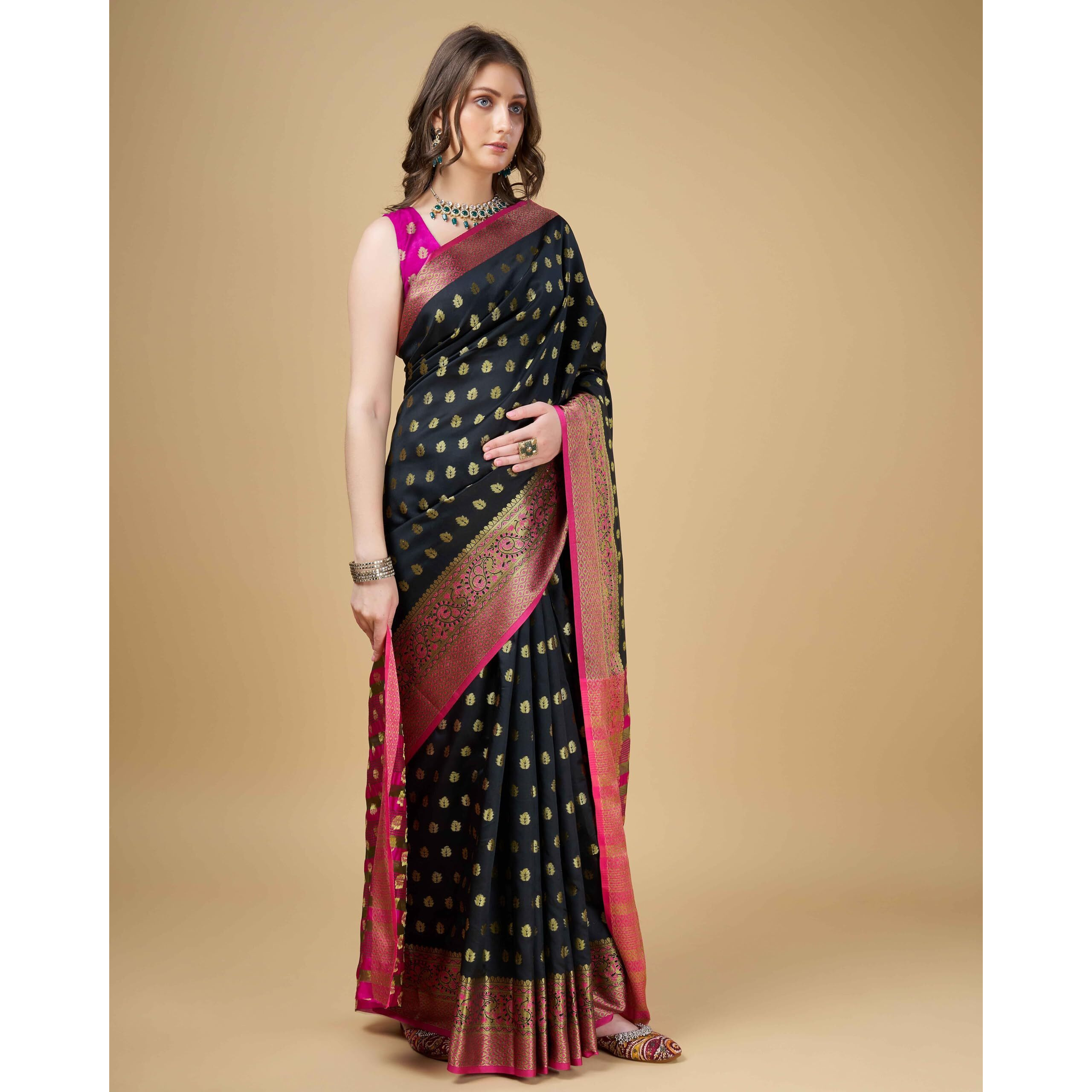 Sugathari Womens Banarasi Saree Pure Kanjivaram Silk Saree Soft new ladies 2023 Design Wear Pattu Sarees Latest Cotton Party Sari collections With Blouse Piece for Wedding sadi (SAM PARI S-6 BLACK)