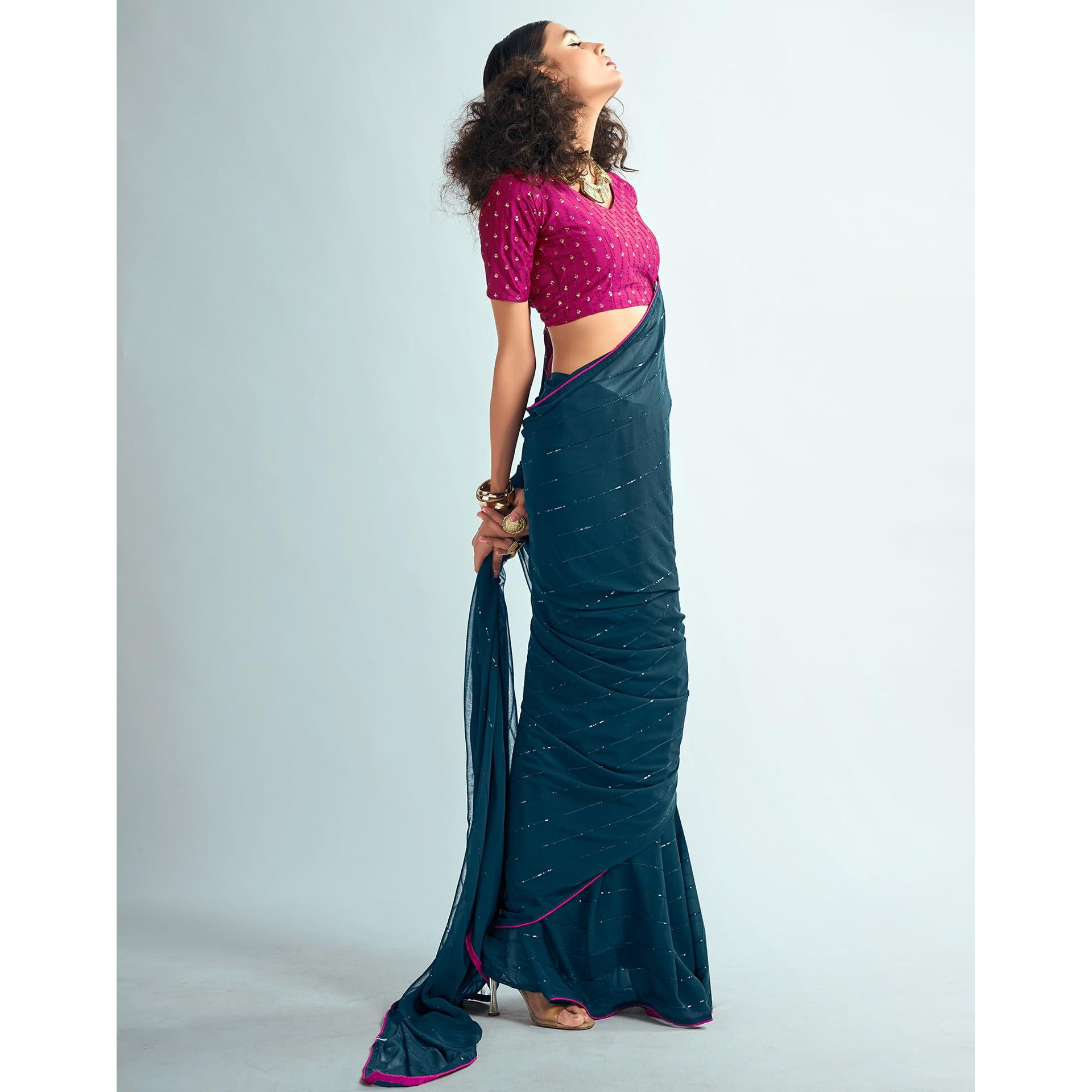 SIRIL Womens Georgette Sequence Work Saree With Unstitched Blouse Piece (3475S705_Teal Blue)