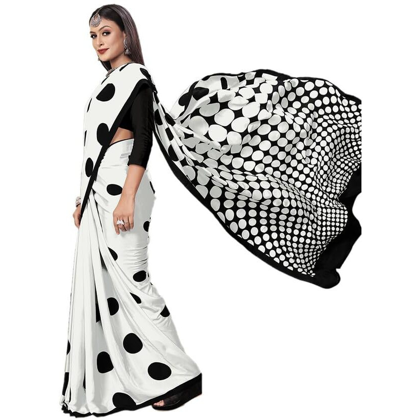 SIRIL Womens Printed Silk Crepe Saree with Unstitched Blouse(3083S198_Black & White)