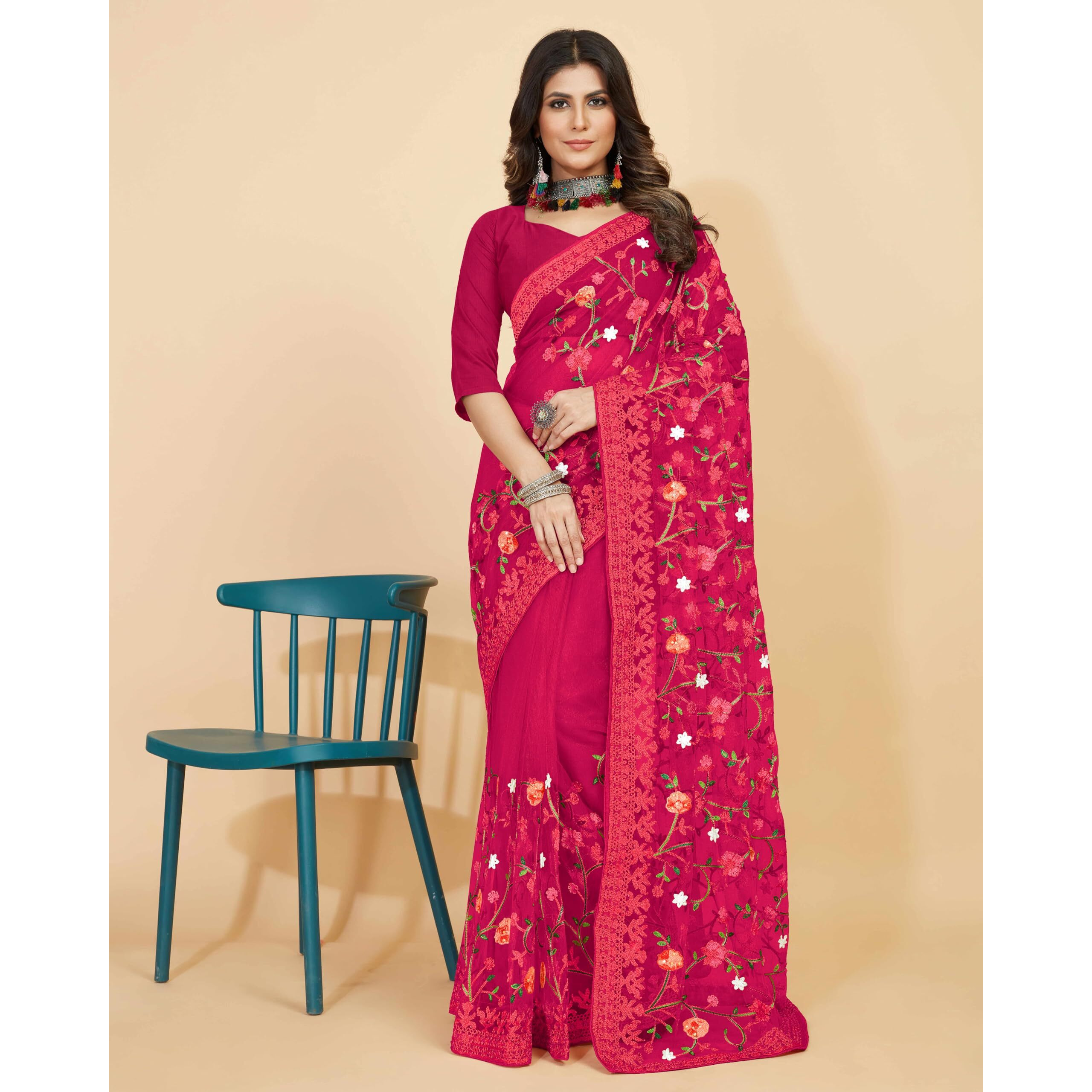 Jaanvi fashion Womens Floral Embroidery Work Net Silk Saree with Lace Border & Blouse Piece (mm-realme-pink)
