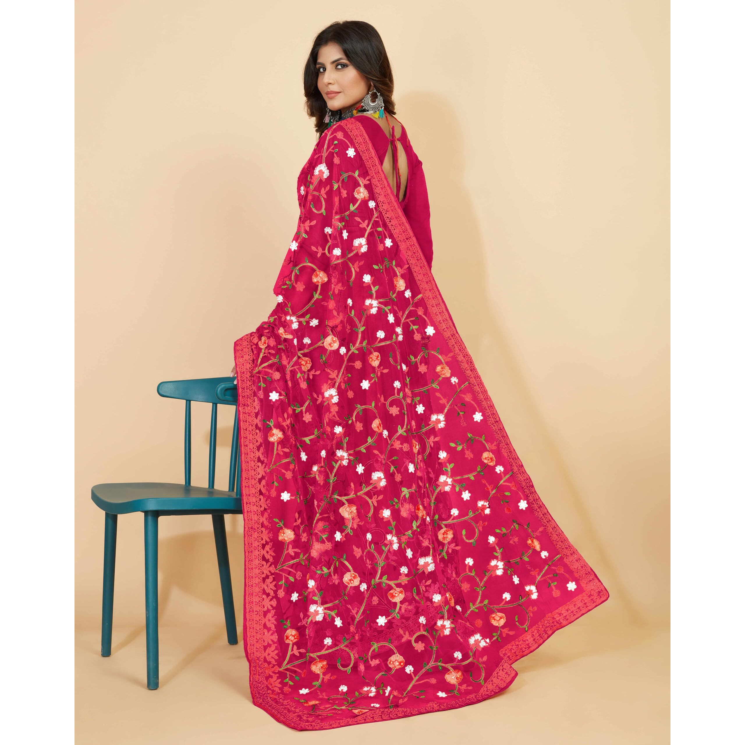 Jaanvi fashion Womens Floral Embroidery Work Net Silk Saree with Lace Border & Blouse Piece (mm-realme-pink)