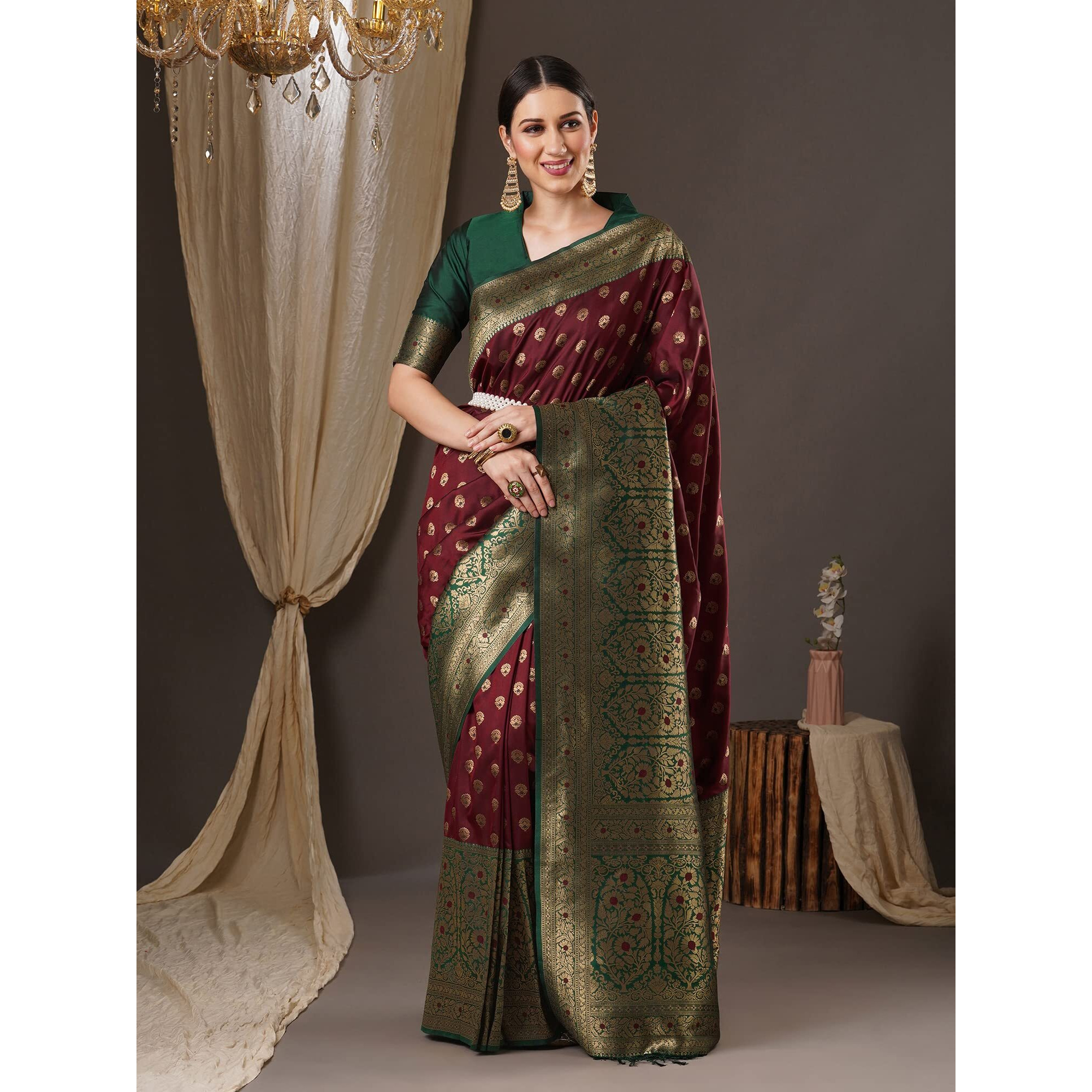 AKHILAM Womens Floral Silk Blend Woven Design Saree With Unstitched Blouse Piece (Brown_13PAKHI1402)