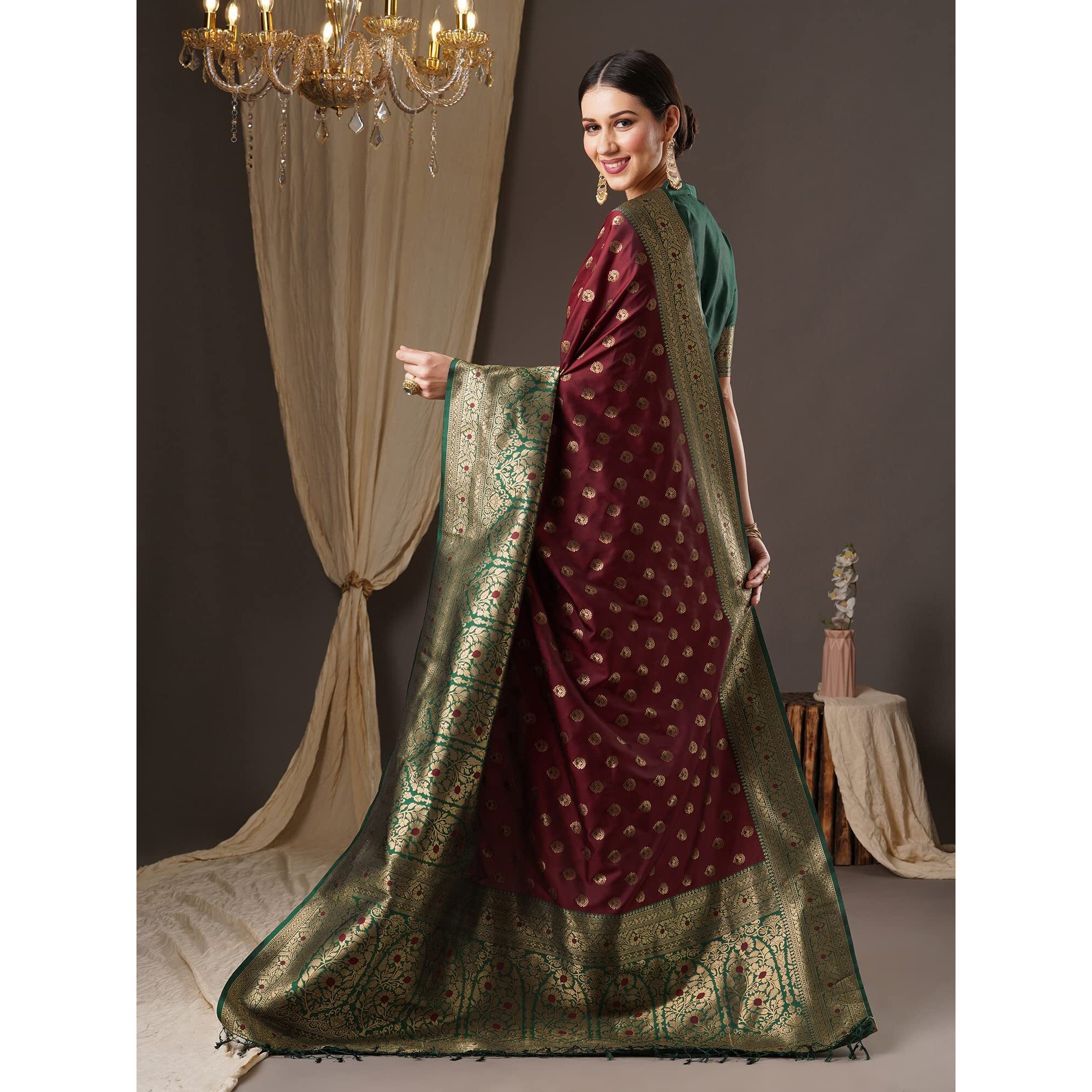 AKHILAM Womens Floral Silk Blend Woven Design Saree With Unstitched Blouse Piece (Brown_13PAKHI1402)