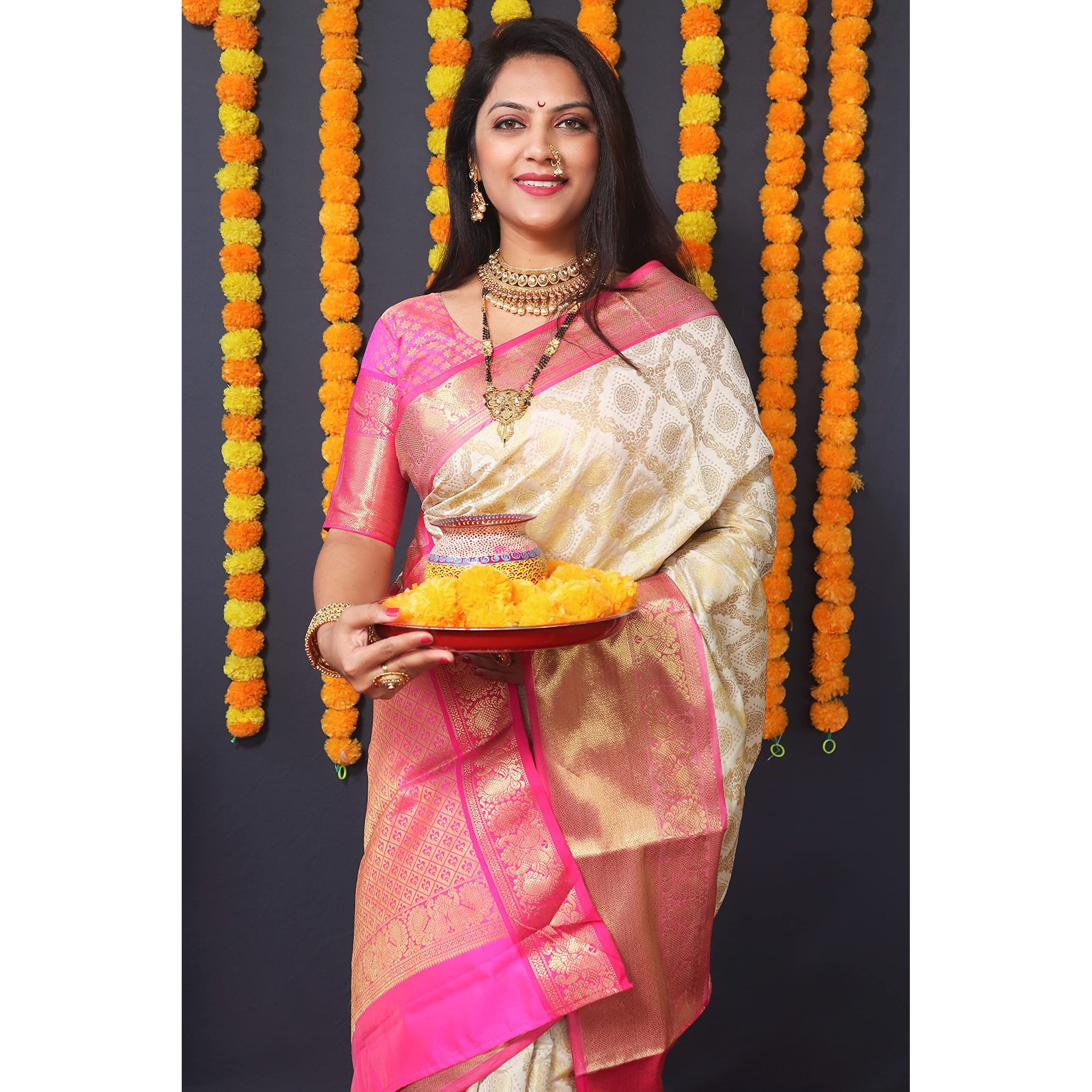 AMIRAT Clothing Womens Banarasi Wedding Designer Litchi Silk Saree With Unstiched Blouse Peice (White)