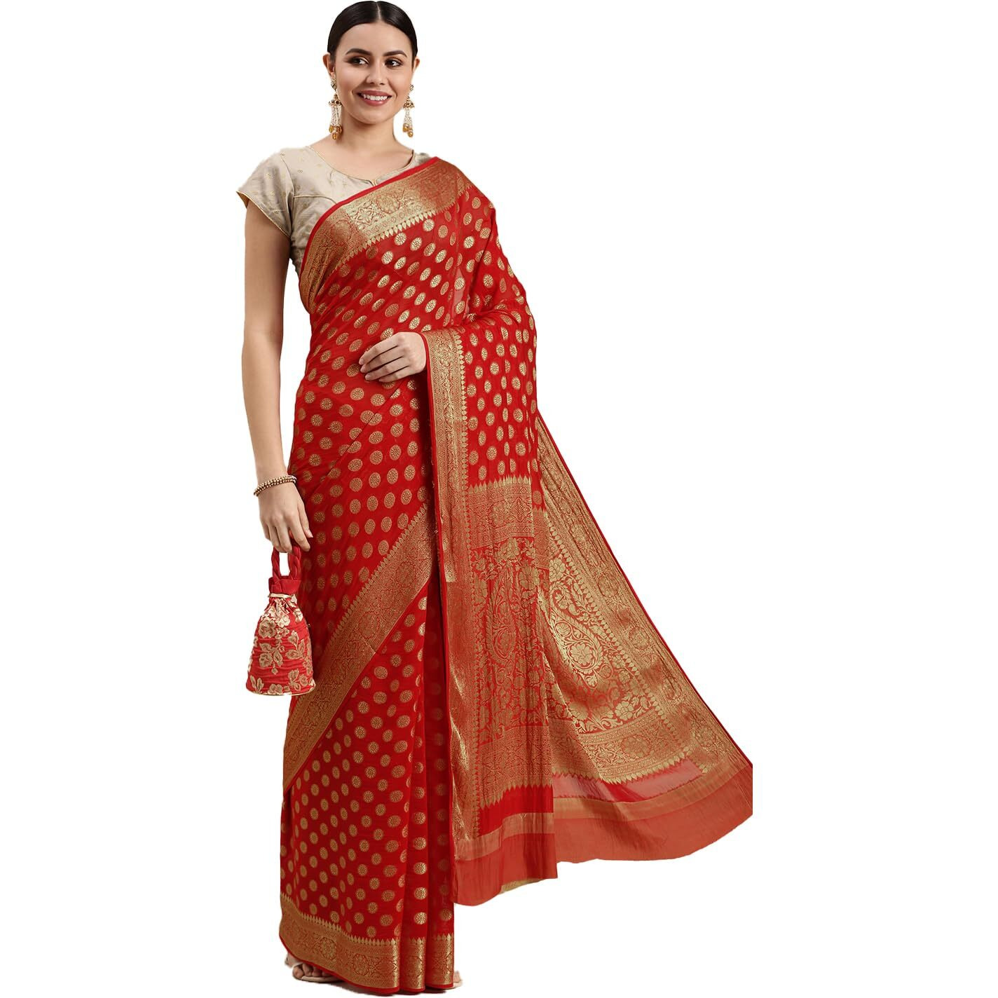 RANI SAAHIBA Womens Georgette Silk Resham Woven Saree With Blouse Piece (SSKR10187_Red)