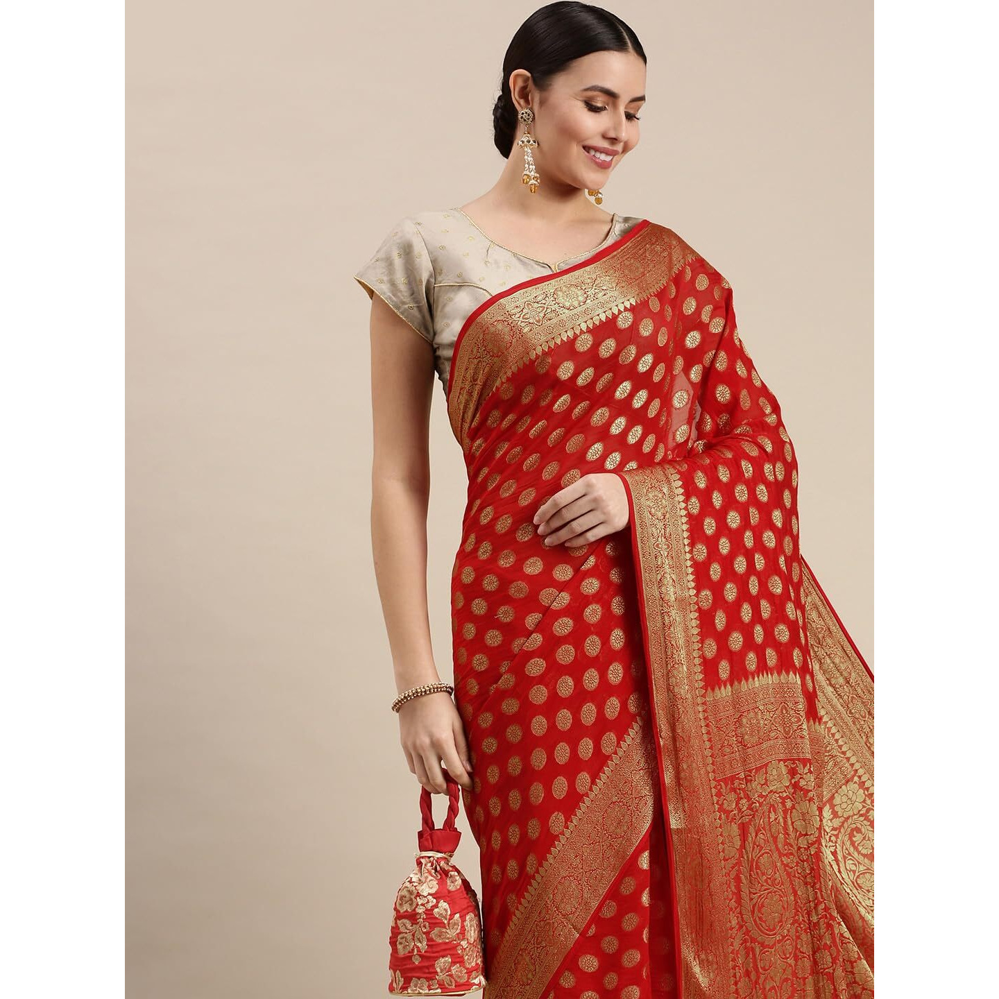 RANI SAAHIBA Womens Georgette Silk Resham Woven Saree With Blouse Piece (SSKR10187_Red)