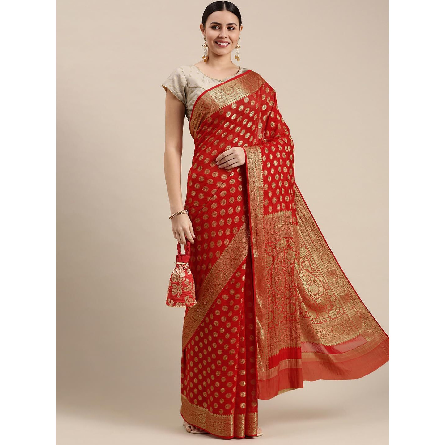 RANI SAAHIBA Womens Georgette Silk Resham Woven Saree With Blouse Piece (SSKR10187_Red)