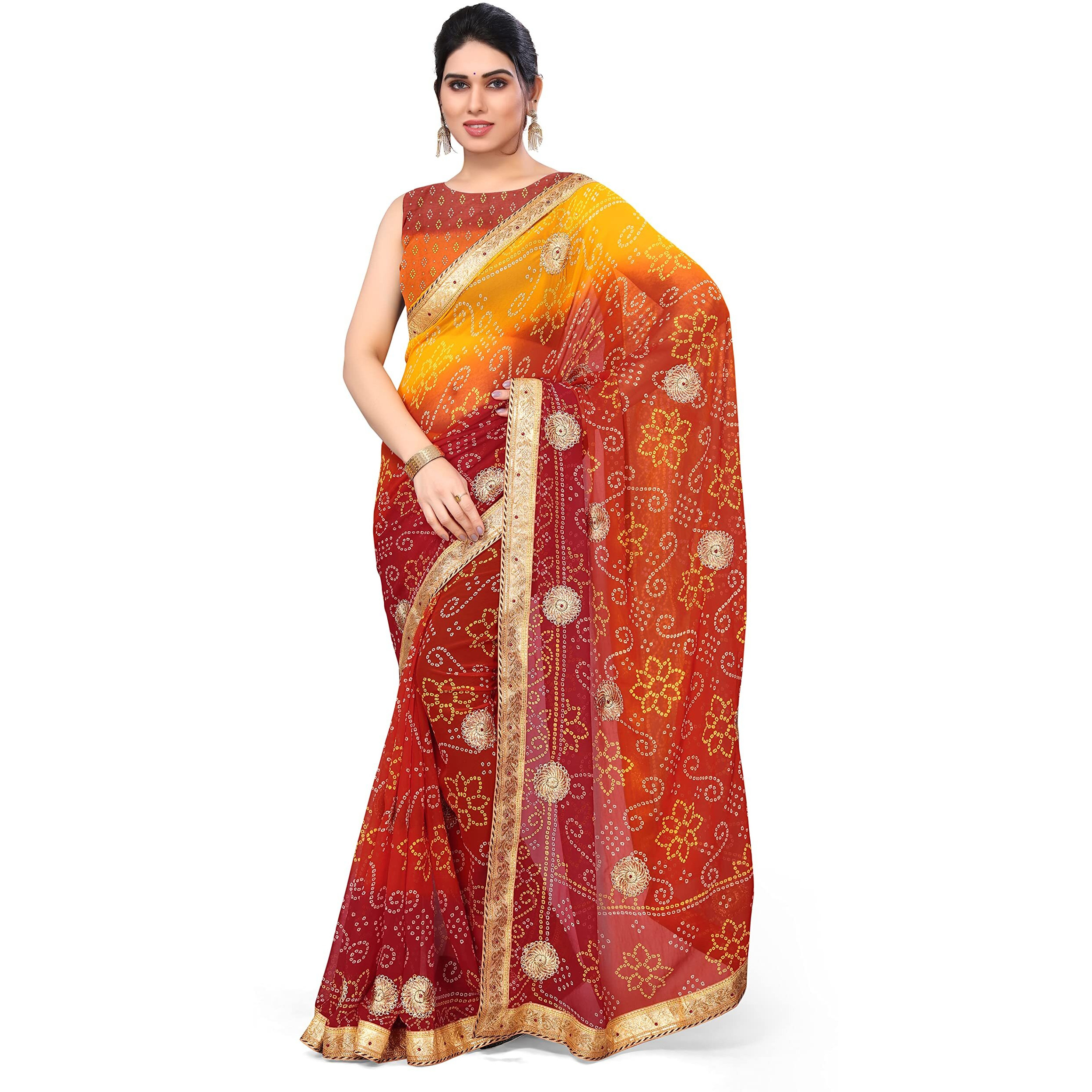 MIRCHI FASHION Womens Plain Weave Georgette Bandhani Printed Saree with Blouse Piece (37903-Orange, Red, Yellow)