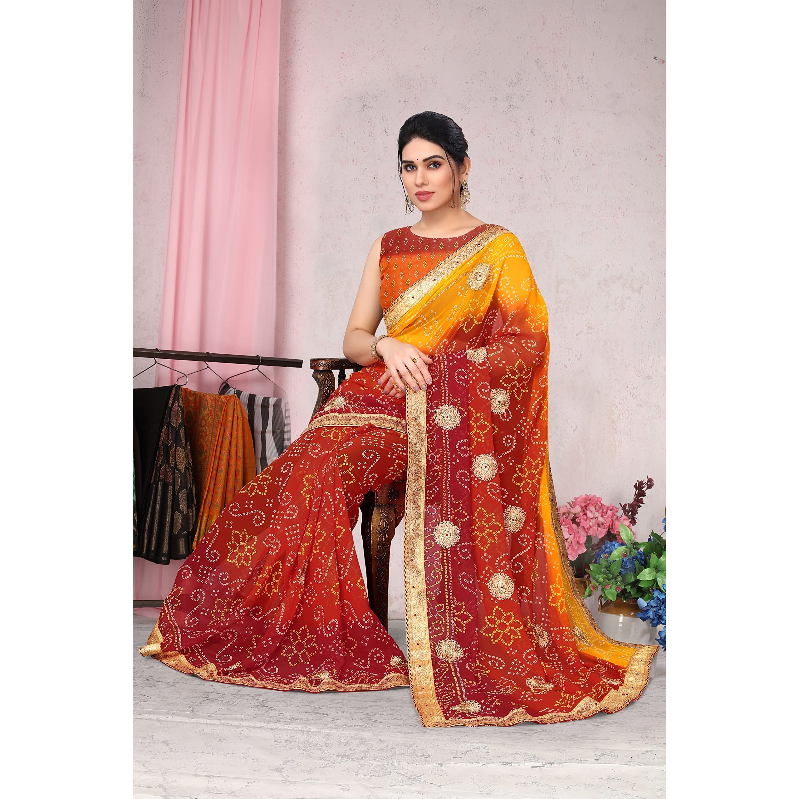MIRCHI FASHION Womens Plain Weave Georgette Bandhani Printed Saree with Blouse Piece (37903-Orange, Red, Yellow)