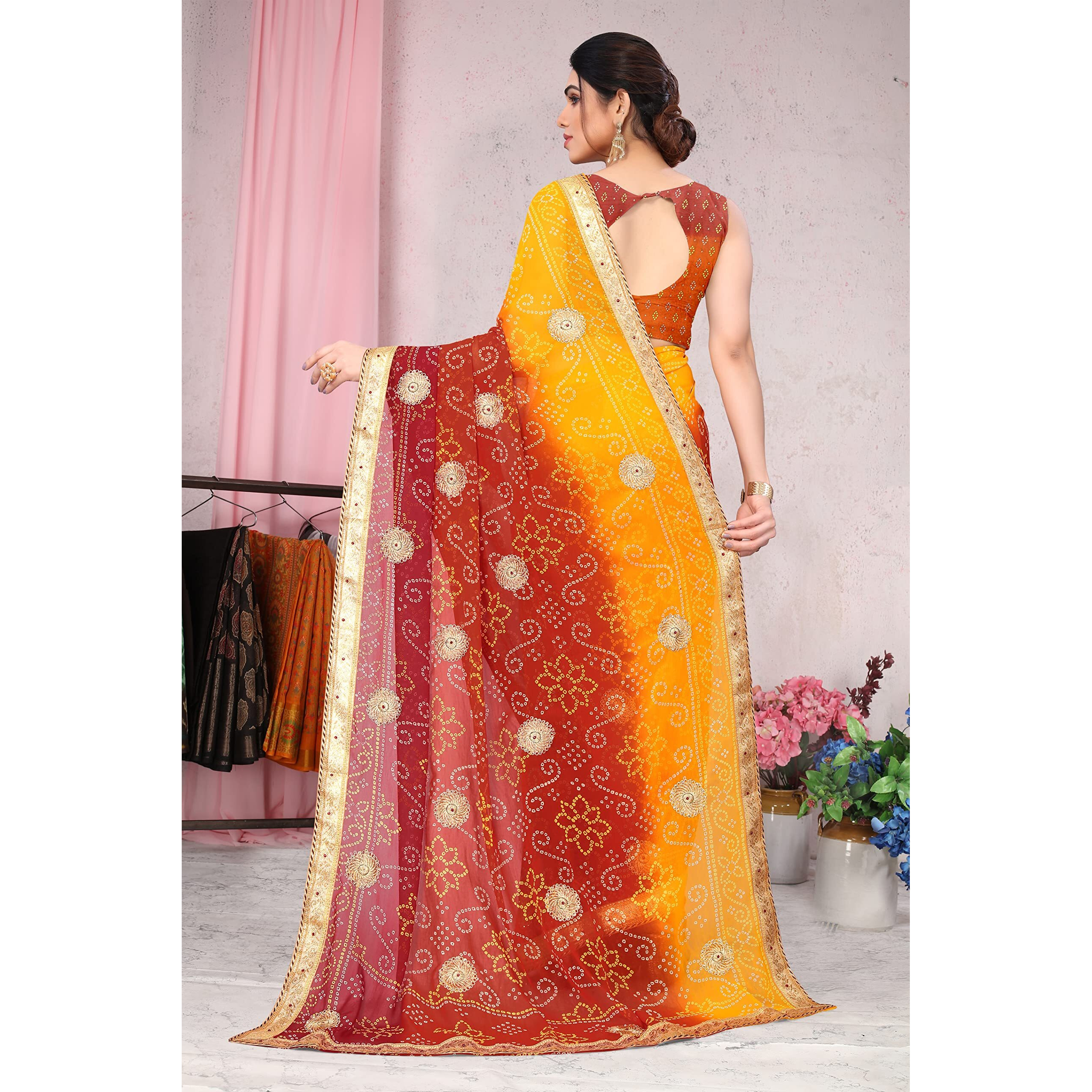 MIRCHI FASHION Womens Plain Weave Georgette Bandhani Printed Saree with Blouse Piece (37903-Orange, Red, Yellow)